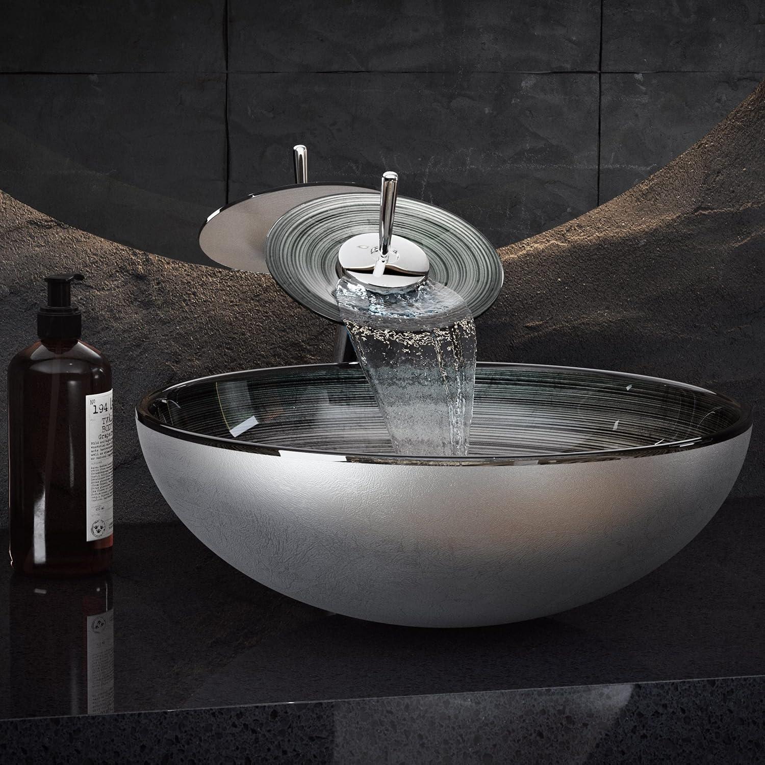 Cascade Smoky Grey 16.5" Glass Vessel Sink with Waterfall Faucet