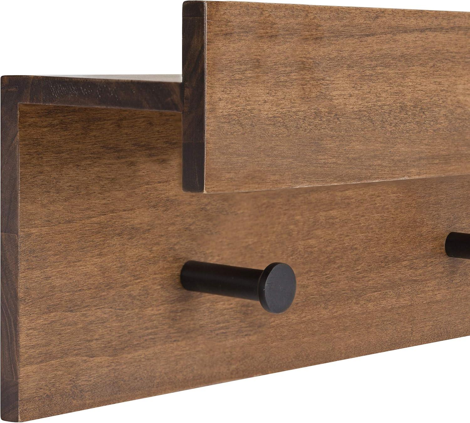 Natural Wood Wall Shelf with 4 Black Knobs