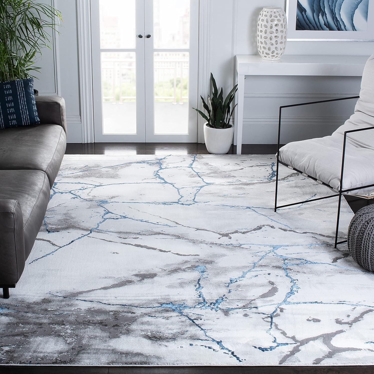 Gray and Blue Abstract Marble 10' Square Area Rug