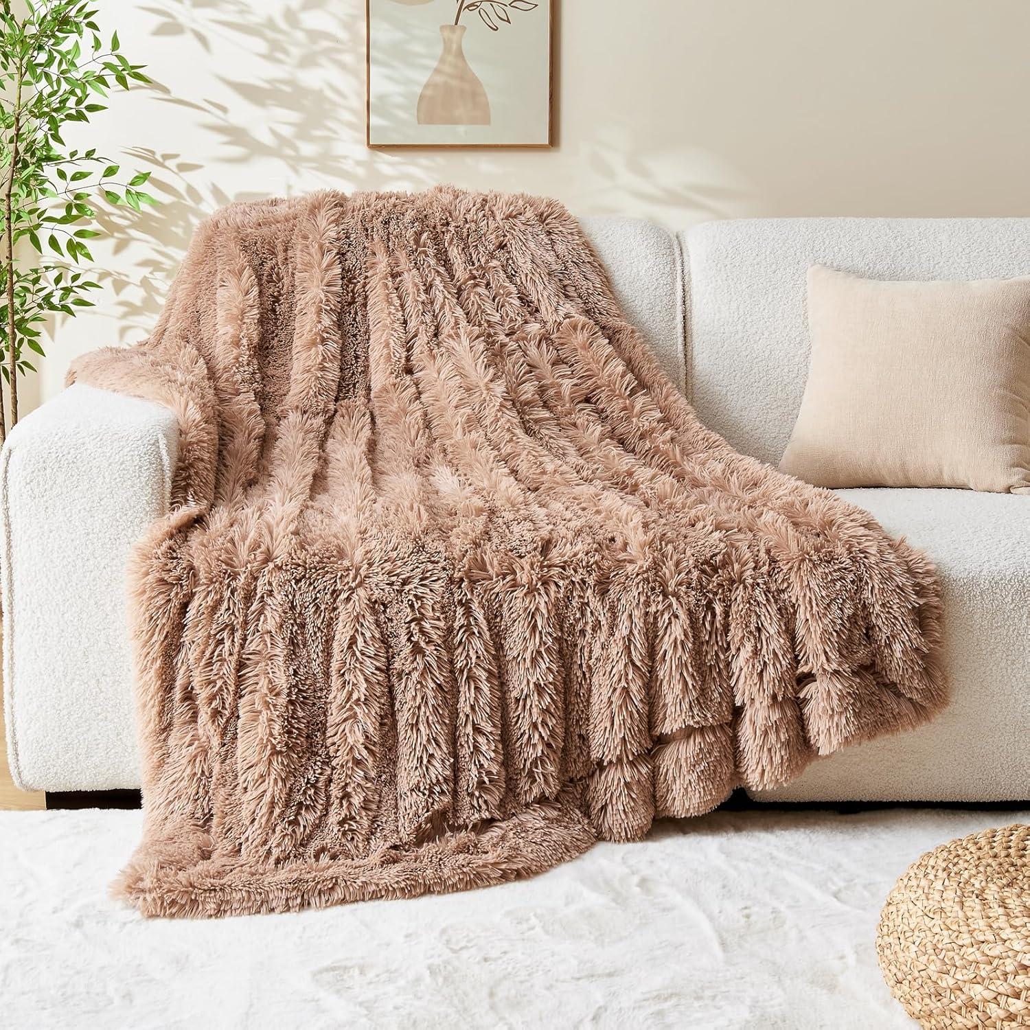 PAVILIA Soft Fluffy Faux Fur Throw Blanket, Taupe Tan Camel, Shaggy Furry Warm Sherpa Blanket Fleece Throw for Bed, Sofa, Couch, Decorative Fuzzy Plush Comfy Thick Throw Blanket, 50x60 Inches