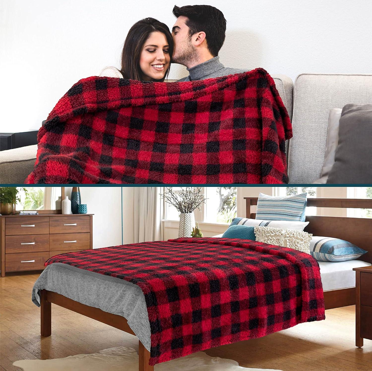 PAVILIA Plush Throw Blanket for Couch Bed, Faux Shearling Blanket and Throw for Sofa Home Decor, Checkered Red/Black/Throw - 50x60