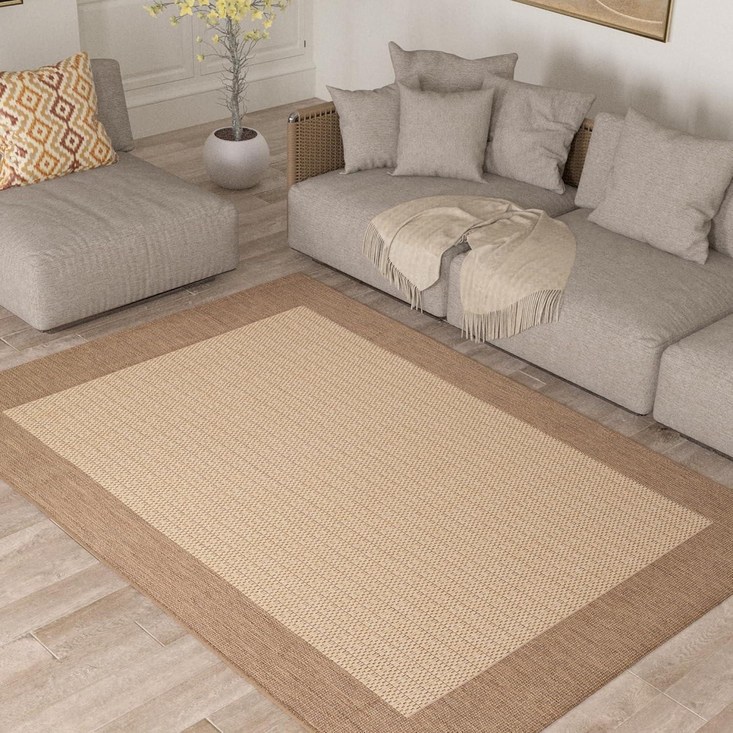 Couristan Recife Checkered Field Indoor / Outdoor Area Rug, Natural- Cocoa, 7'6" Round