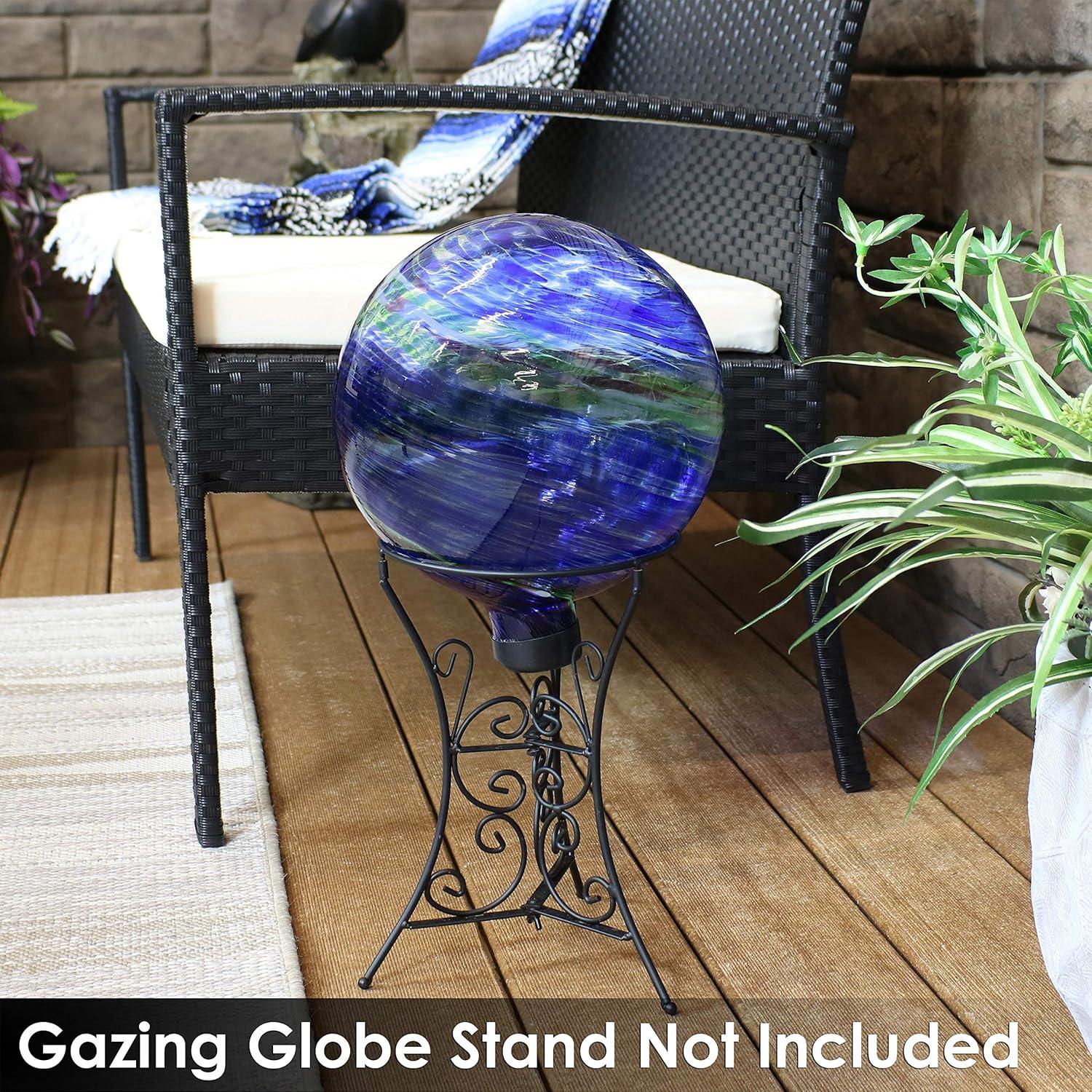 Sunnydaze Northern Lights Glass Gazing Globe with Stemmed Bottom and Rubber Cap - 10" Diameter - Blue and Green Swirl - Set of 2