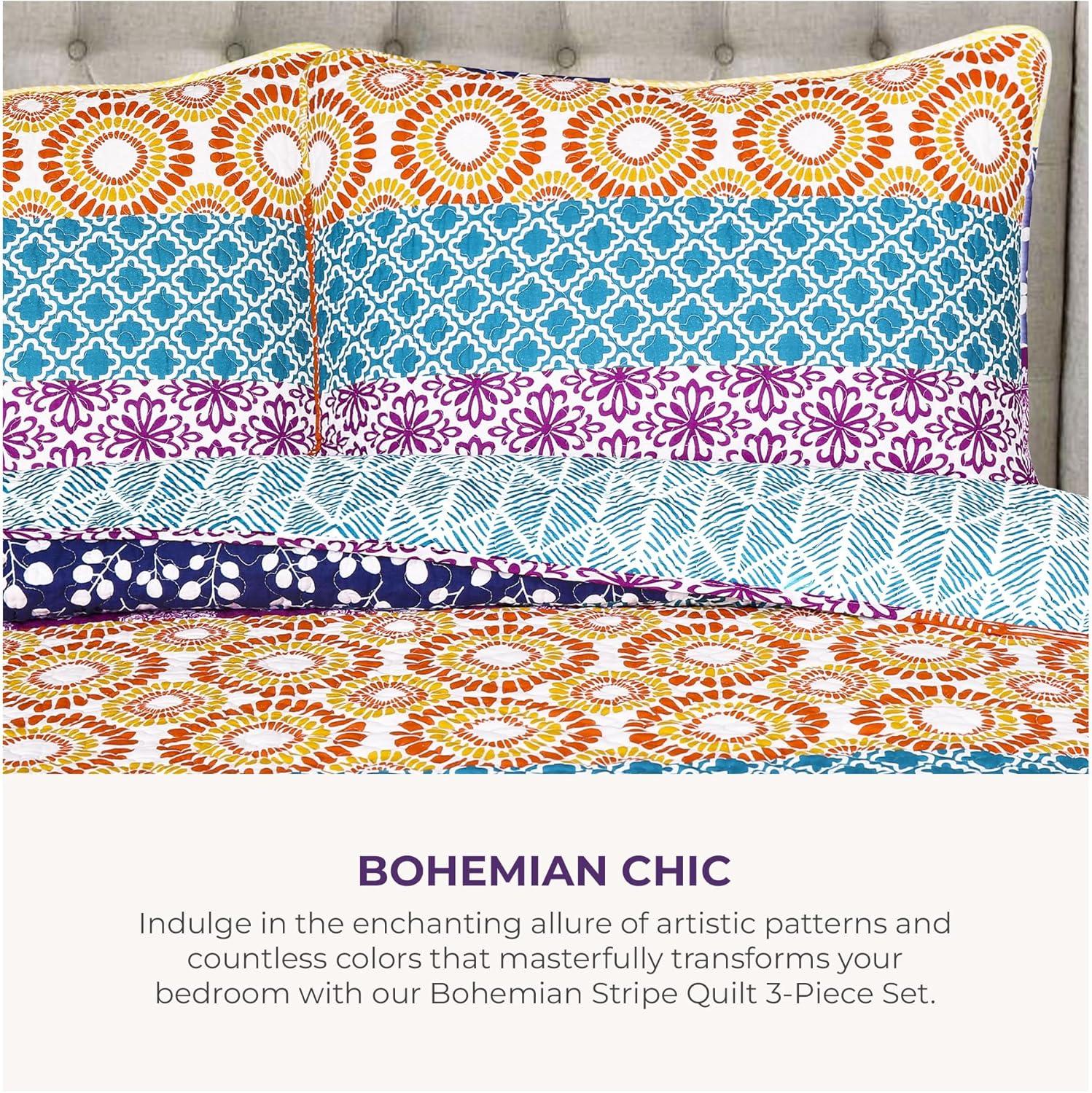 3pc Bohemian Stripe Reversible Oversized Cotton Quilt Bedding Set - Lush Décor