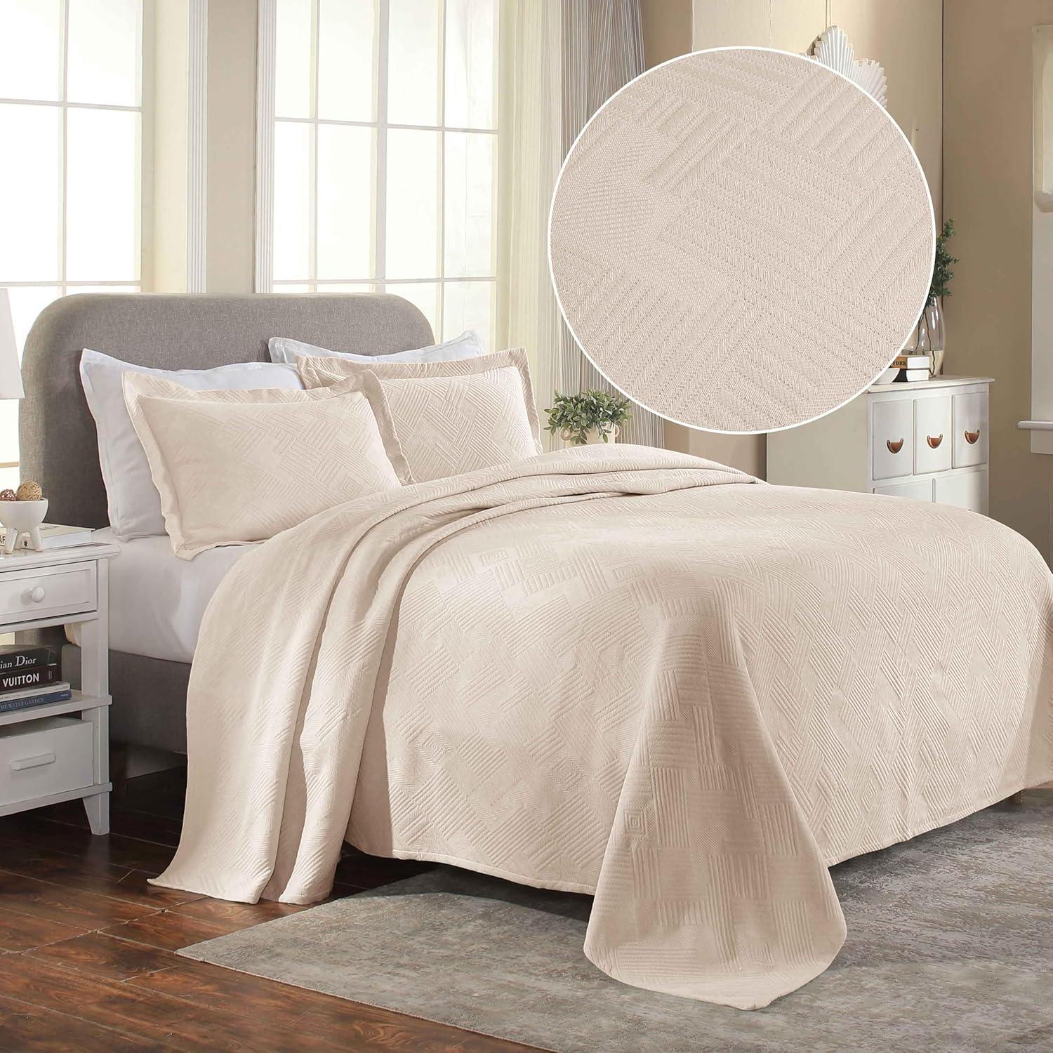 Ivory Cotton Twin Bedspread Set with Geometric Pattern