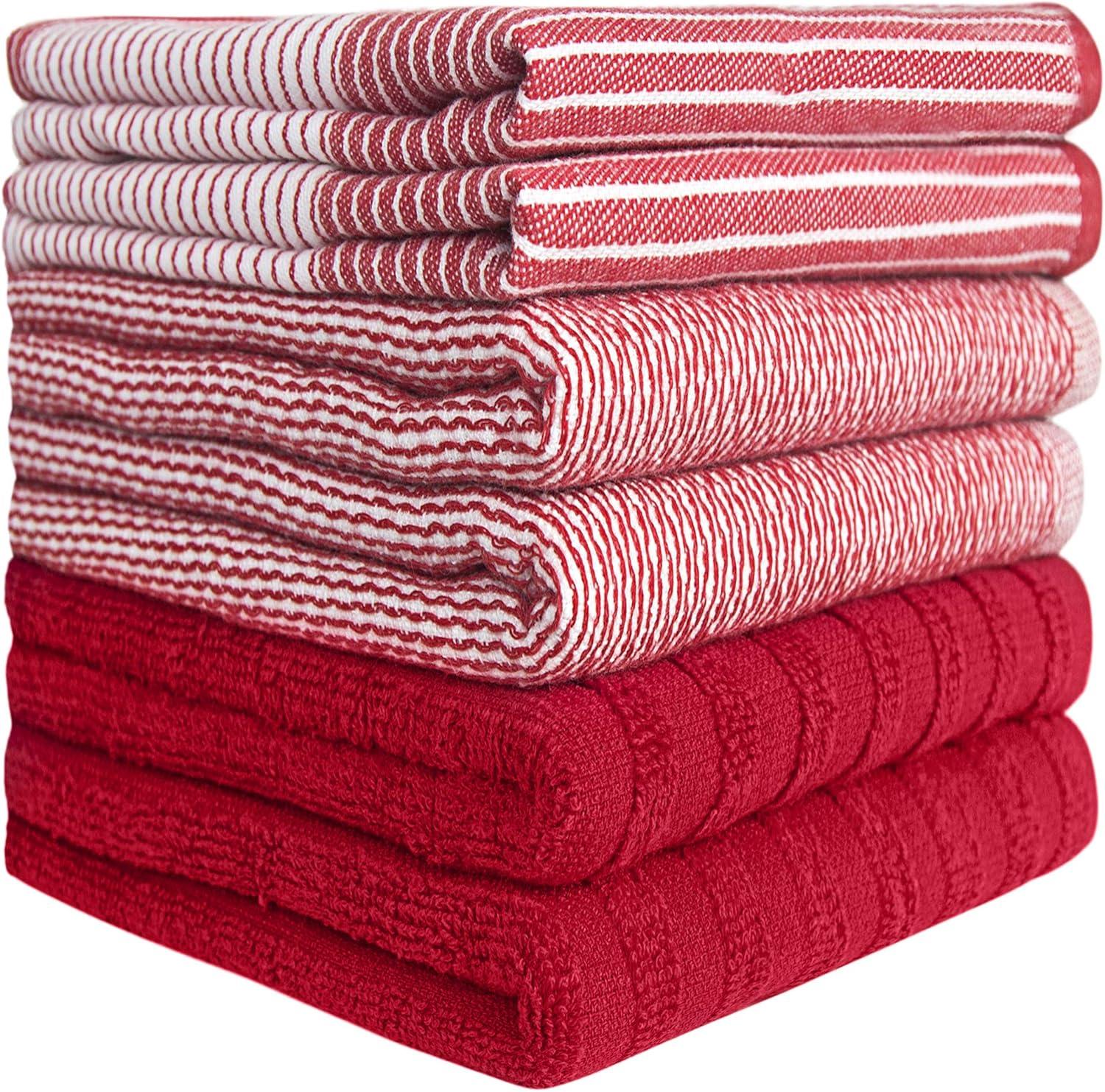 Premium Kitchen Towels (20”x 28”, 6 Pack) – Large Cotton Kitchen Hand Towels – Flat & Terry Towel – Highly Absorbent Tea Towels Set with Hanging Loop (Wide Stripe Red)