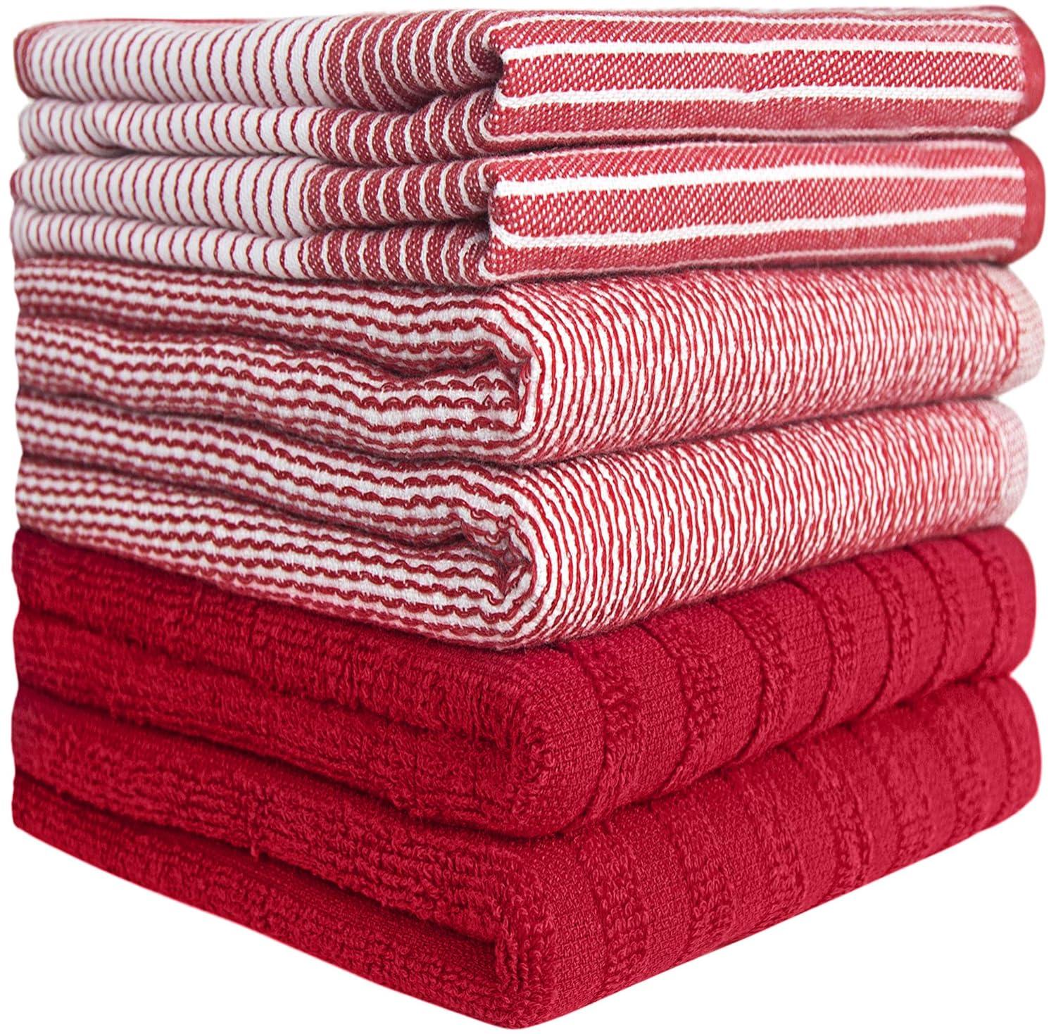 Premium Kitchen Towels (20”x 28”, 6 Pack) – Large Cotton Kitchen Hand Towels – Flat & Terry Towel – Highly Absorbent Tea Towels Set with Hanging Loop (Wide Stripe Red)