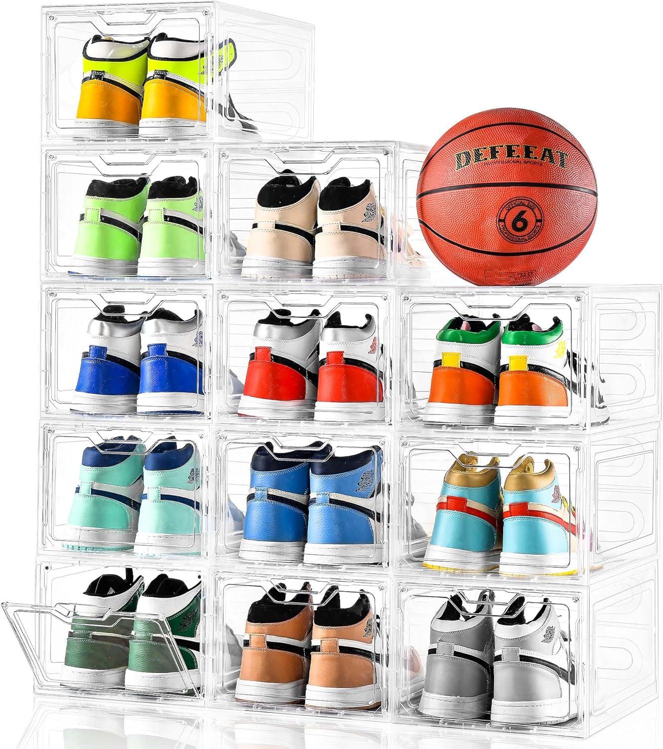 12 Pack Shoe Storage Boxes, Stackable Clear Boxes With Doors, Organizer Containers For Sneakers - Fit US Men's/Women's Size 12 (13.4"x 9.8"x 7.1")