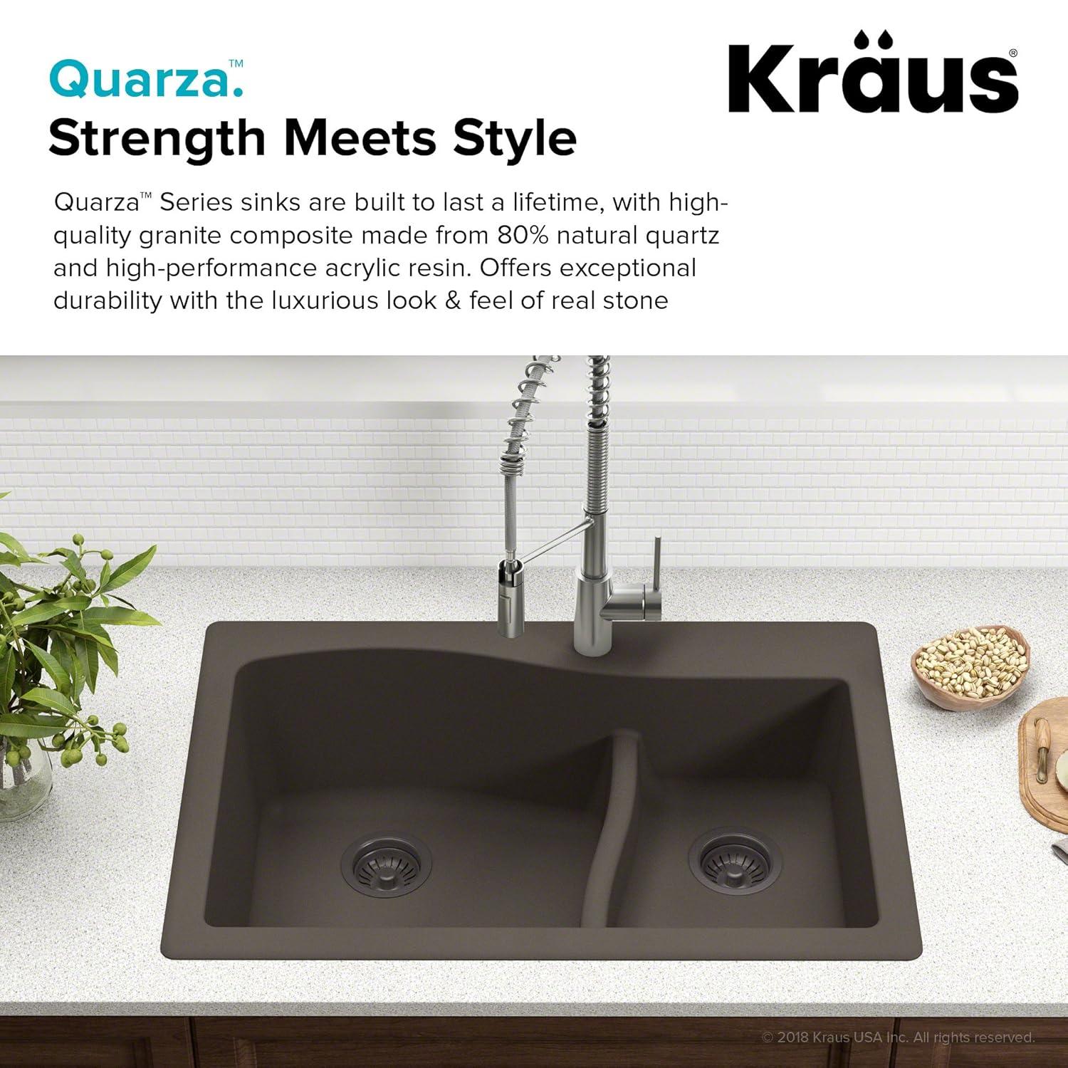 Kraus KRAUS Quarza™ 33" L Dual Mount 60/40 Double Bowl Granite Kitchen Sink and Strainers KGD-442WHITE-PST1-WH