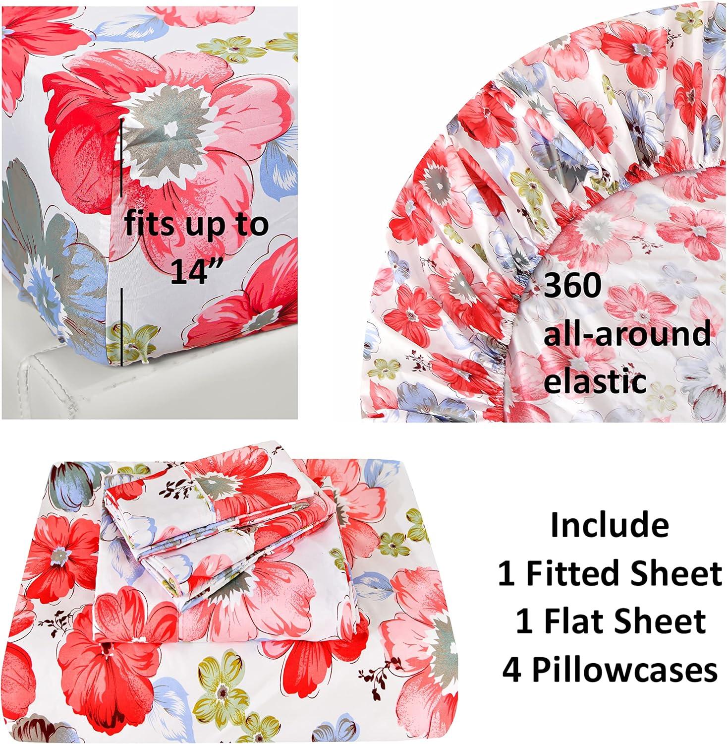 Twin Red Floral Deep Pocket Microfiber Bedding Set