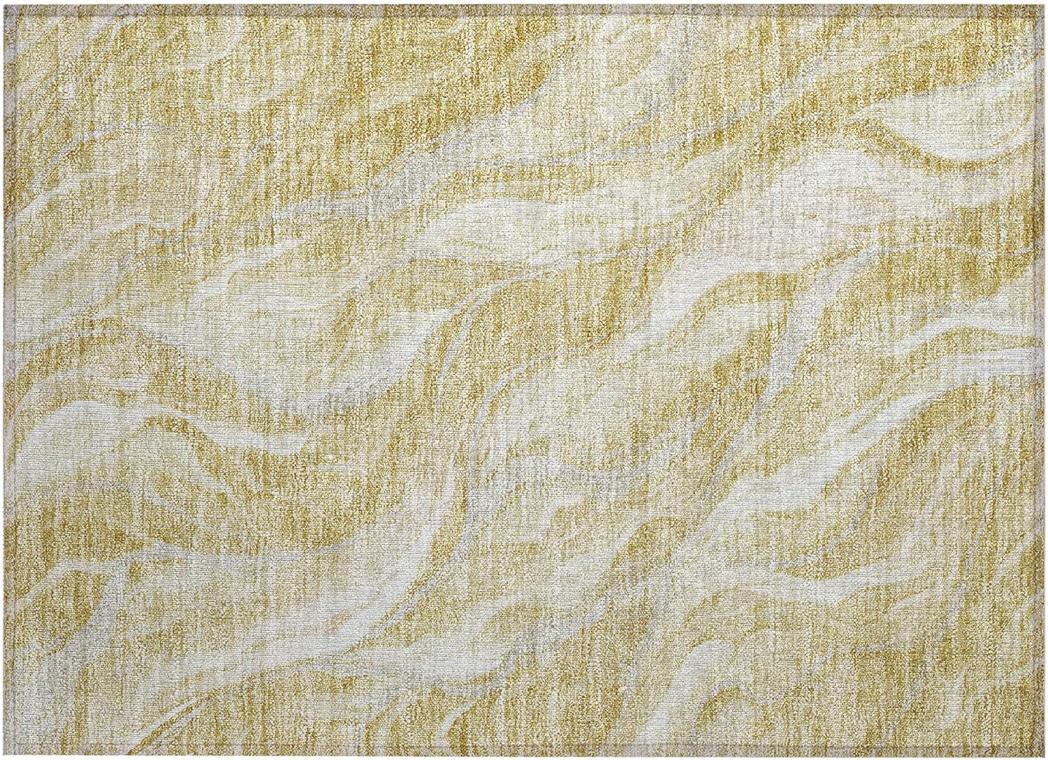 Gold and Beige Synthetic Flat Woven Indoor Outdoor Rug