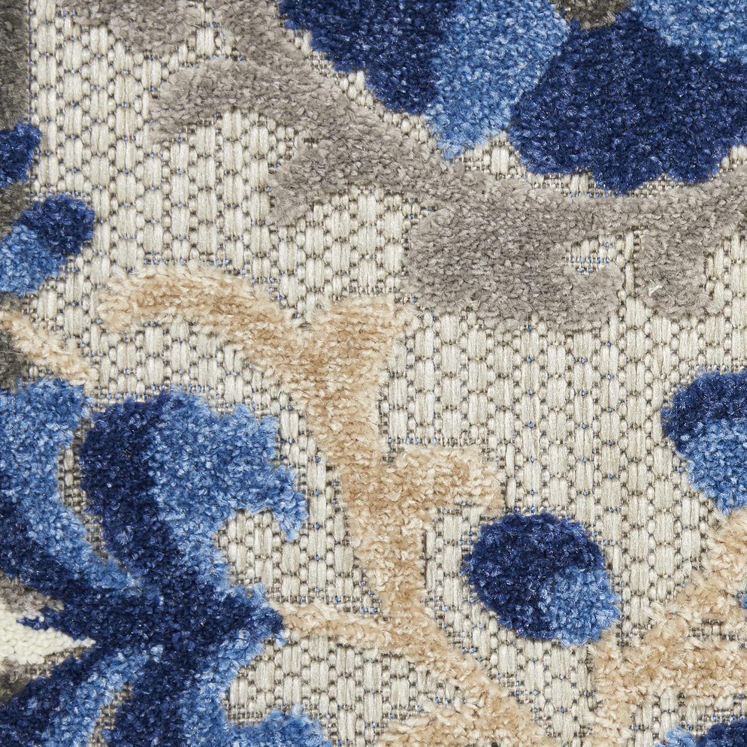 Nourison Aloha Floral Textured Flatweave High-Low Indoor Outdoor Round Rug Natural/Blue 5'3" x 5'3"