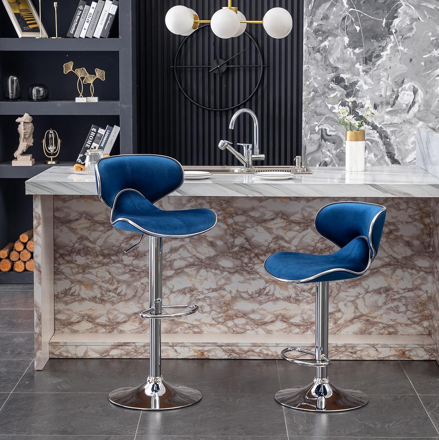 Masaccio Velvet Upholstered Adjustable Swivel Barstool(Set of 2) in Blue