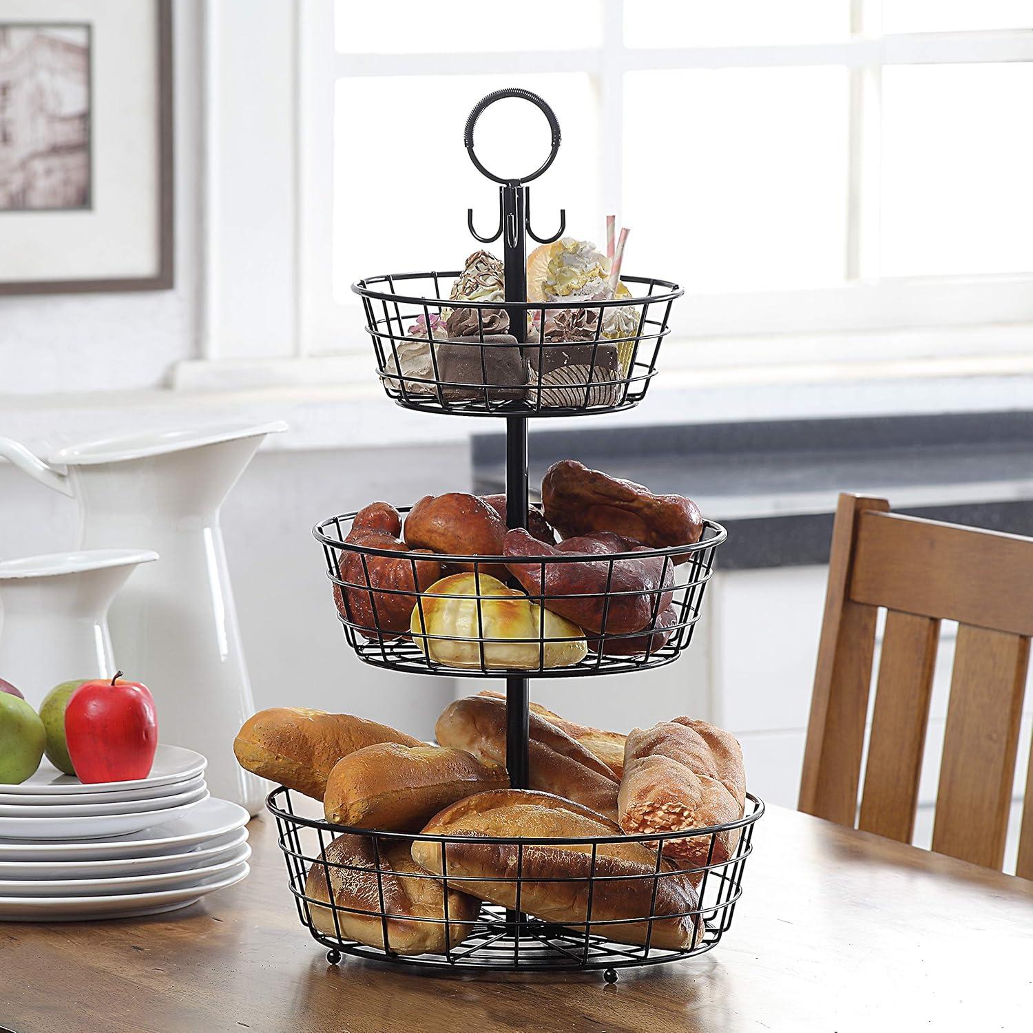 SunnyPoint Countertop French Country 3 Tier Wire Basket Stand (Black; FreeStand)