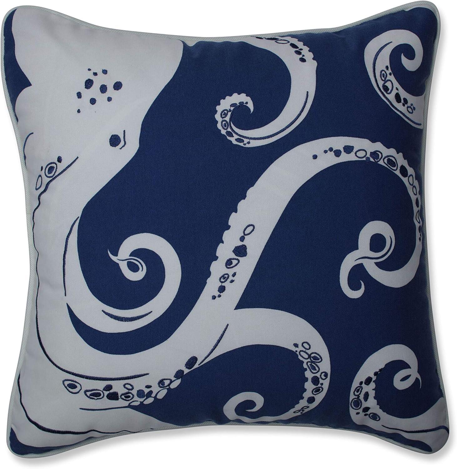 Blue and Off-White Embroidered Octopus Square Throw Pillow