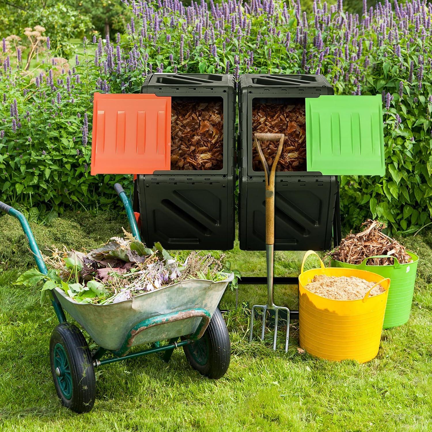 Dual Chamber Black and Green Heavy-Duty Compost Tumbler