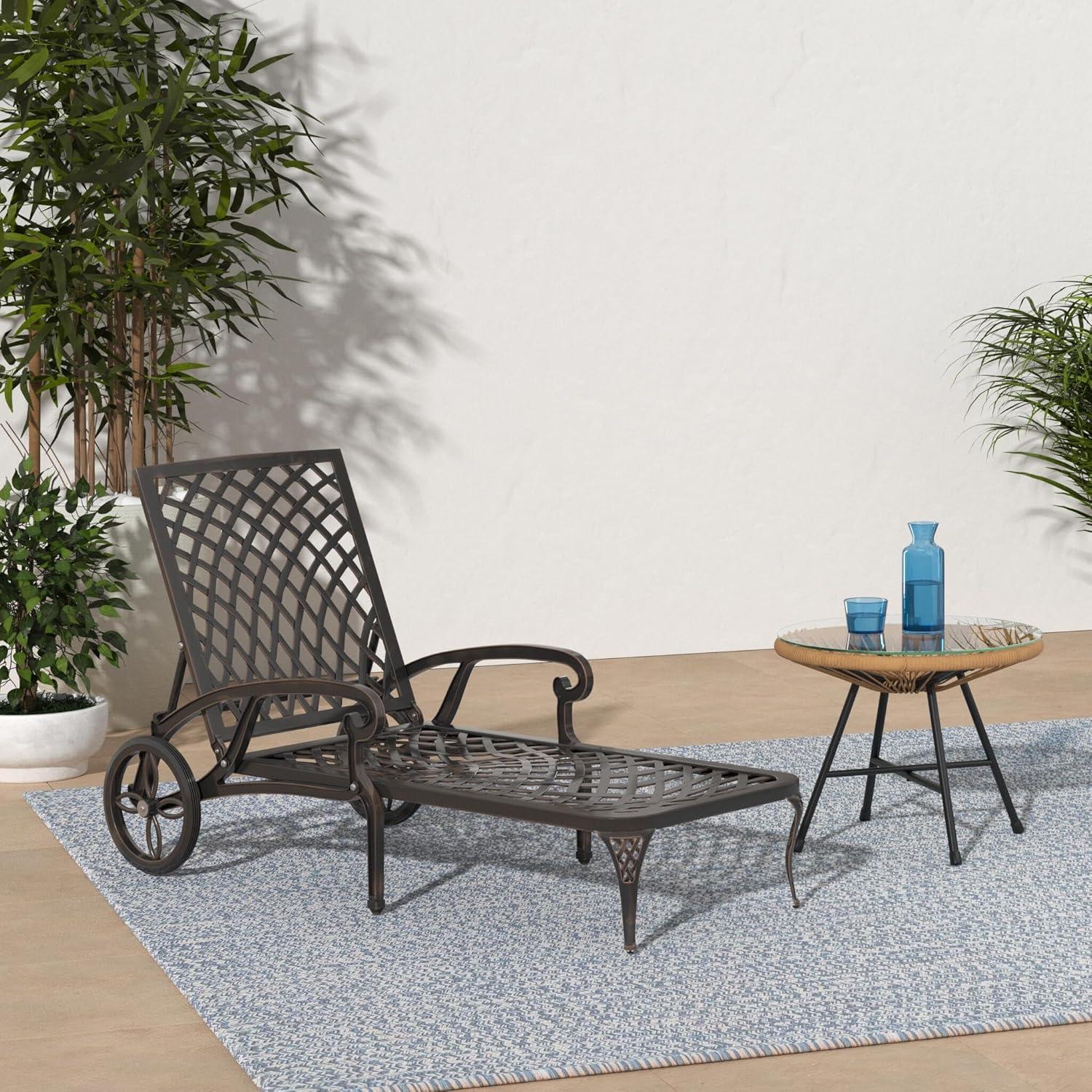 VINGLI Cast Aluminum Outdoor Chaise Lounge Chair with Wheels, Patio Chaise Lounge with 3-Position Adjustable Backrest, Outdoor Tanning Chair Patio Lounge Chair (Bronze, Without Cushion)