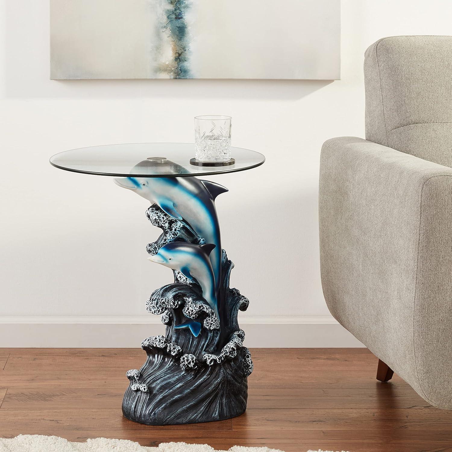 Oceanic Bliss 24" Round Glass Top Dolphin Sculpture End Table