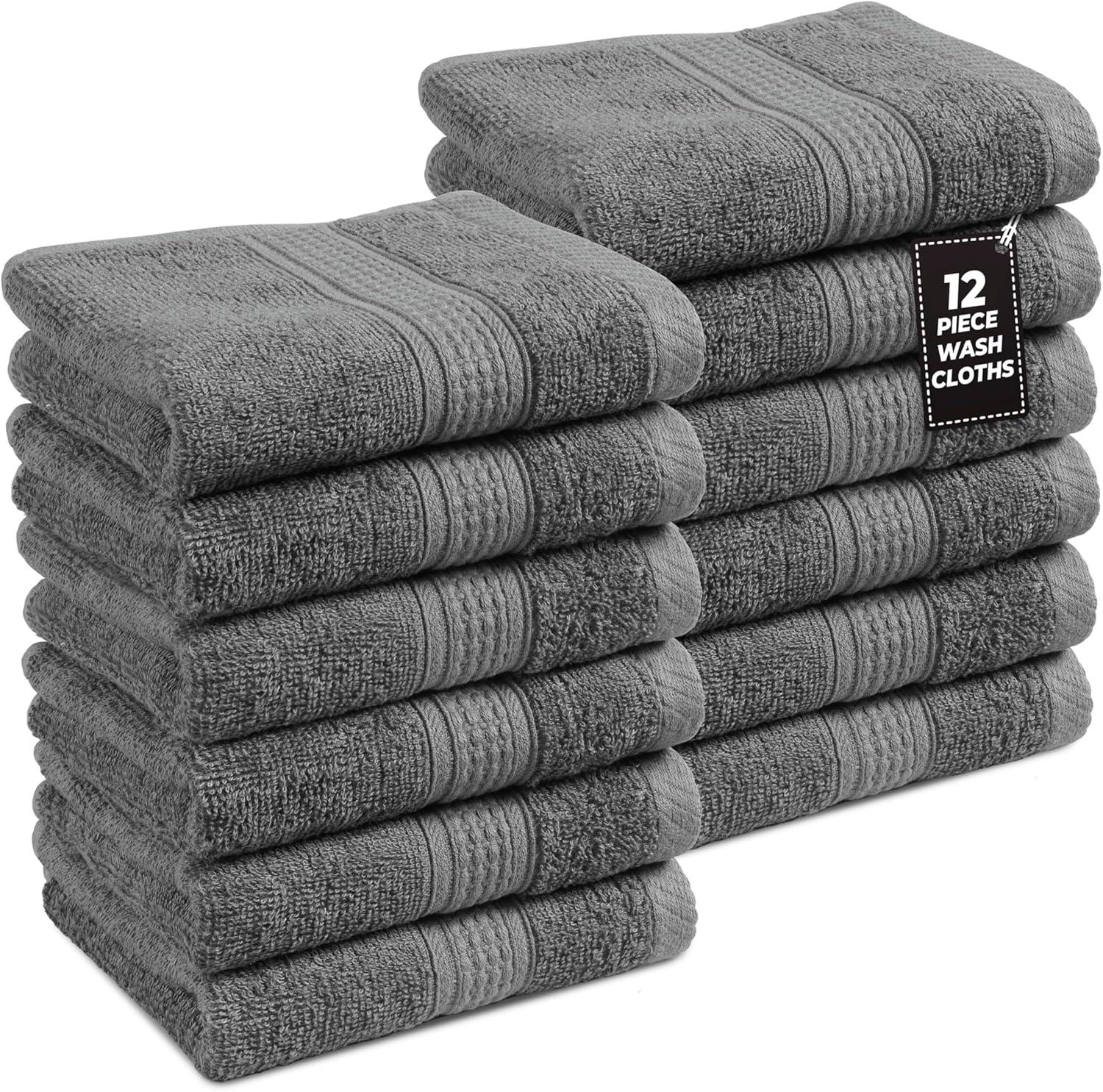 White Classic Luxury 100% Cotton Washcloths Set of 12 - 13x13" Gray