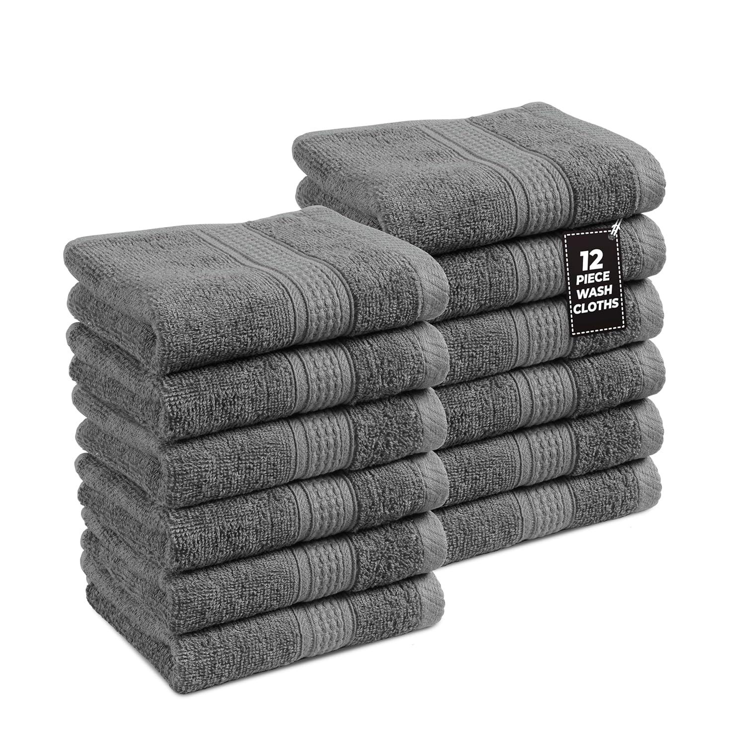 White Classic Luxury 100% Cotton Washcloths Set of 12 - 13x13" Gray
