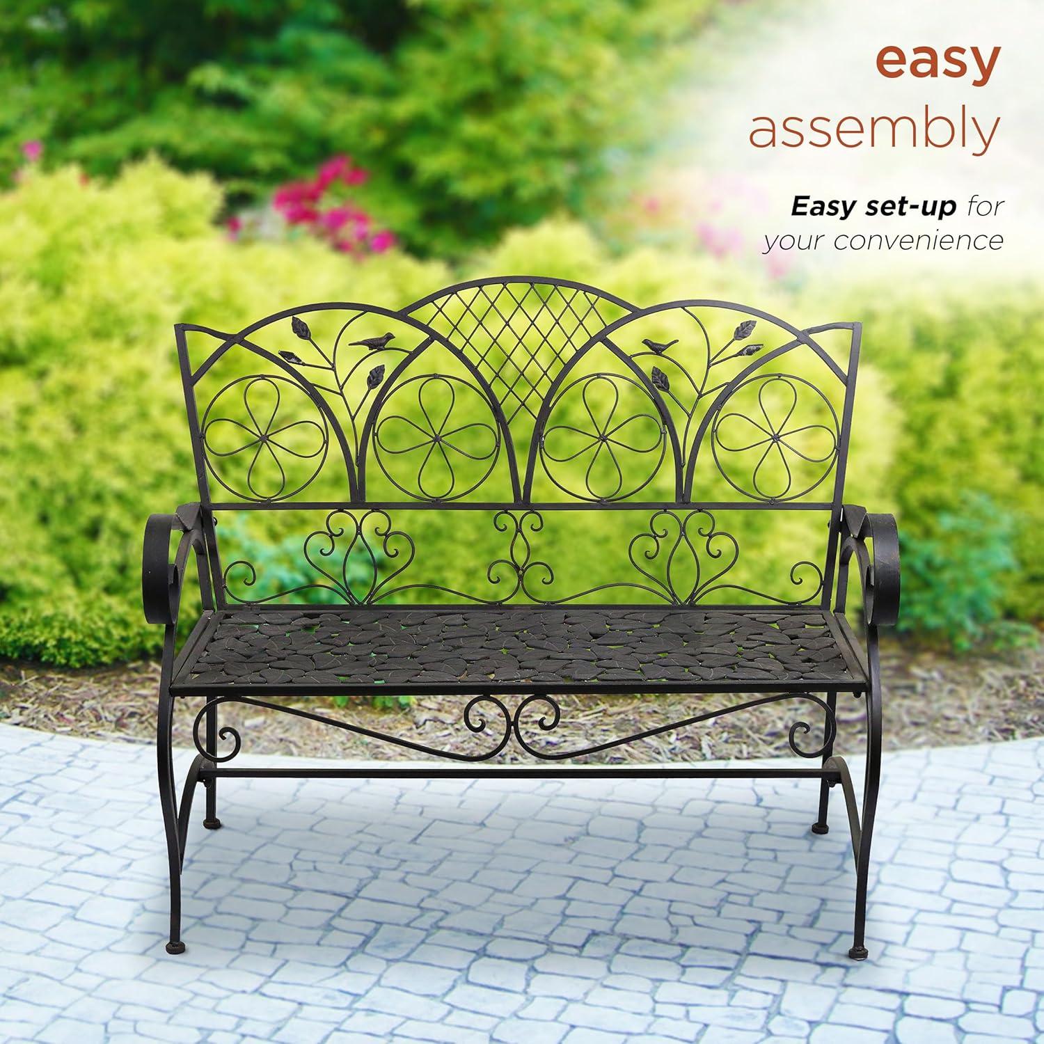 38" x 45" Iron Birds and Leaves Outdoor Garden Bench Brown - Alpine Corporation: Weatherproof, Decorative Yard Seating