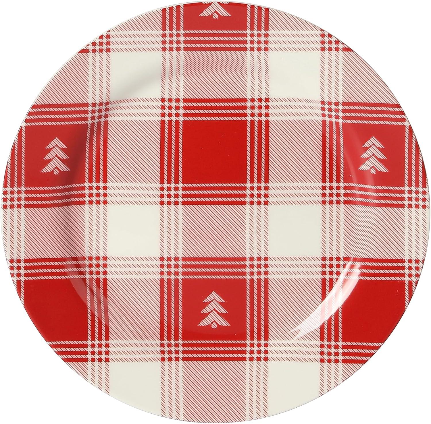 Martha Stewart Plaid 12-Piece Decorated Red and White Stoneware Dinnerware Set