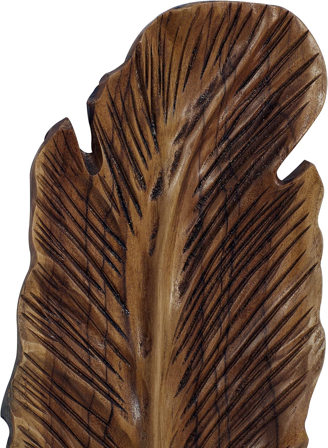 DecMode Brown Teak Wood Handmade Carved Feather Bird Wall Decor (3 Count)