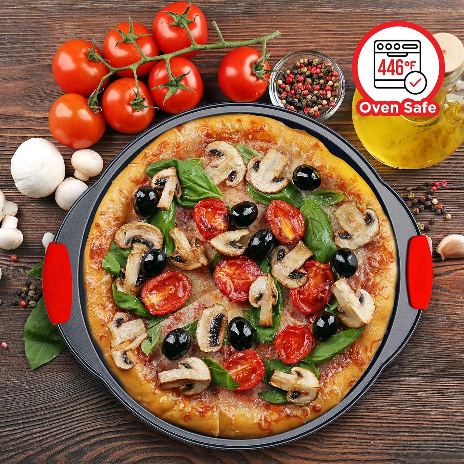 Non-Stick Carbon Steel Perforated Pizza Pans with Silicone Handles