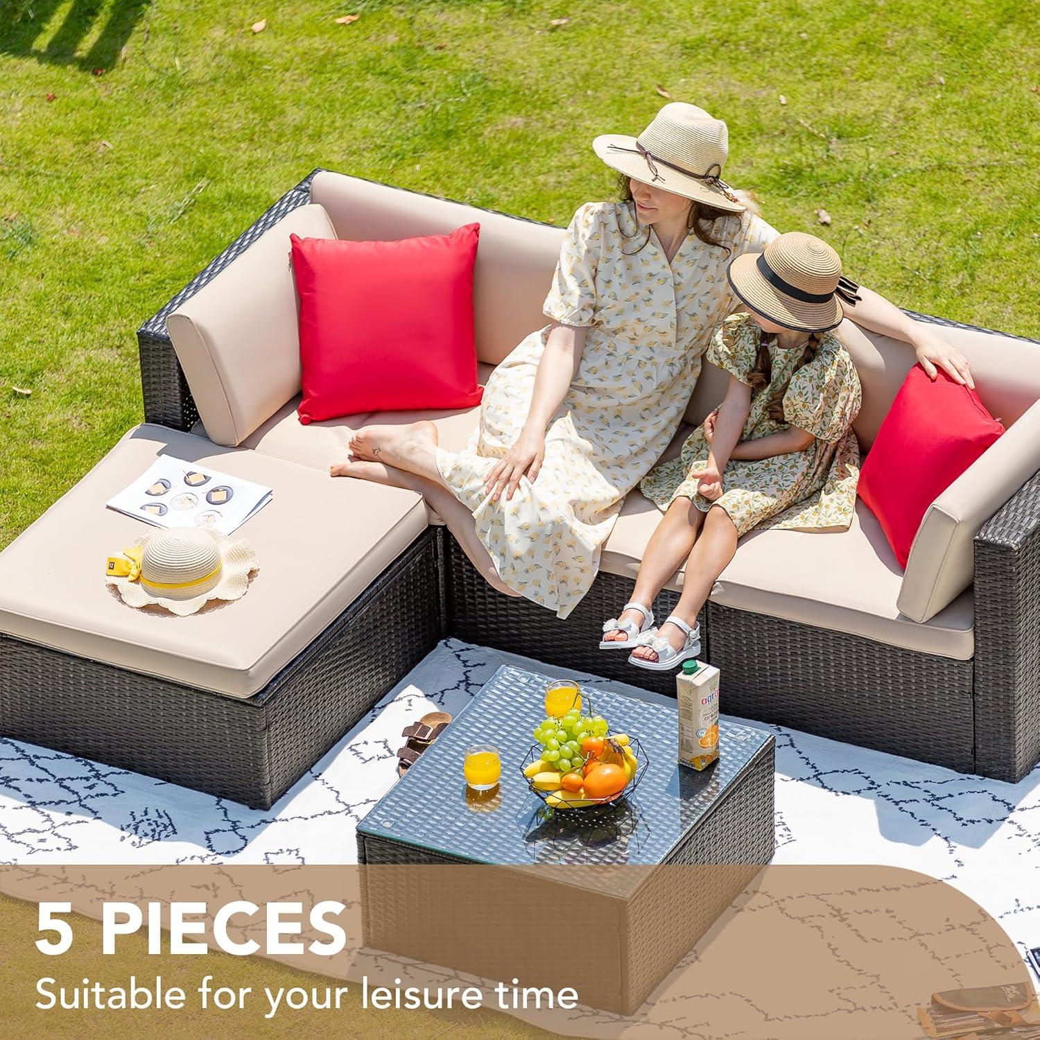 Devoko 5 Piece Patio Furniture Set, All-Weather PE Wicker Sectional Sofa Outdoor Furniture, Garden, Backyard, Beige