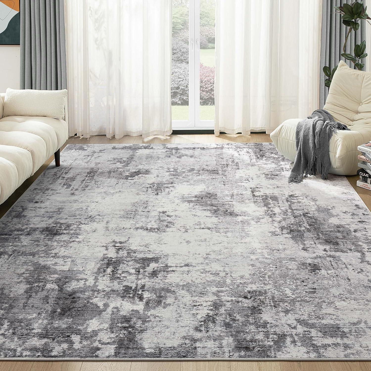 Gray Abstract Washable 9' x 12' Synthetic Area Rug