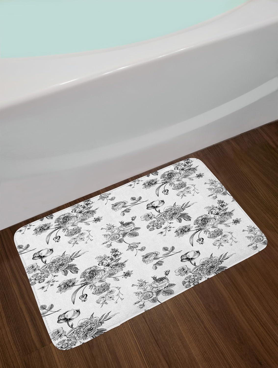 Black and White Bath Mat, Vintage Floral Pattern Victorian Classic Royal Inspired New Modern Art, Non-Slip Plush Mat Bathroom Kitchen Laundry Room Decor, 29.5 X 17.5 Inches, Black and White, Ambesonne