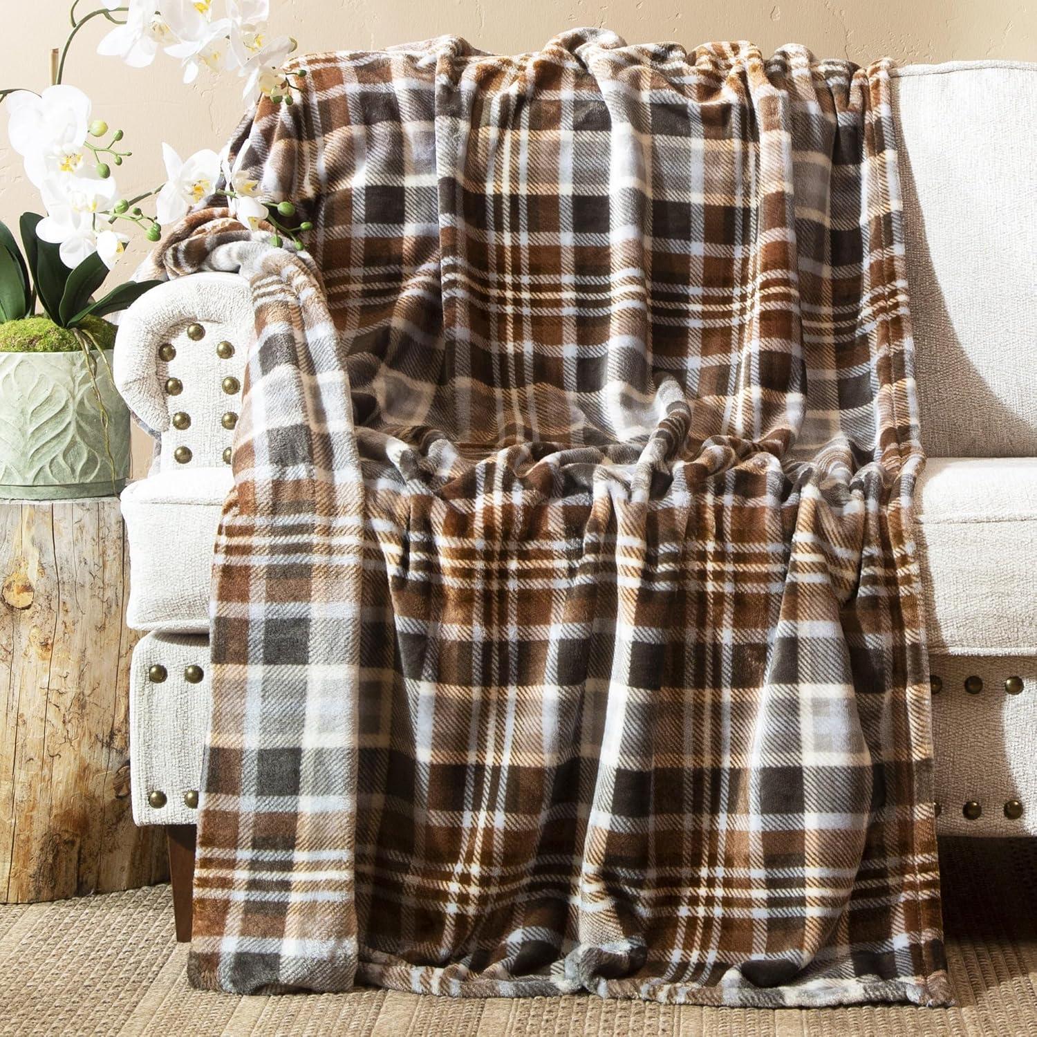 Autumn Plaid Fleece and Sherpa Reversible Throw Blanket