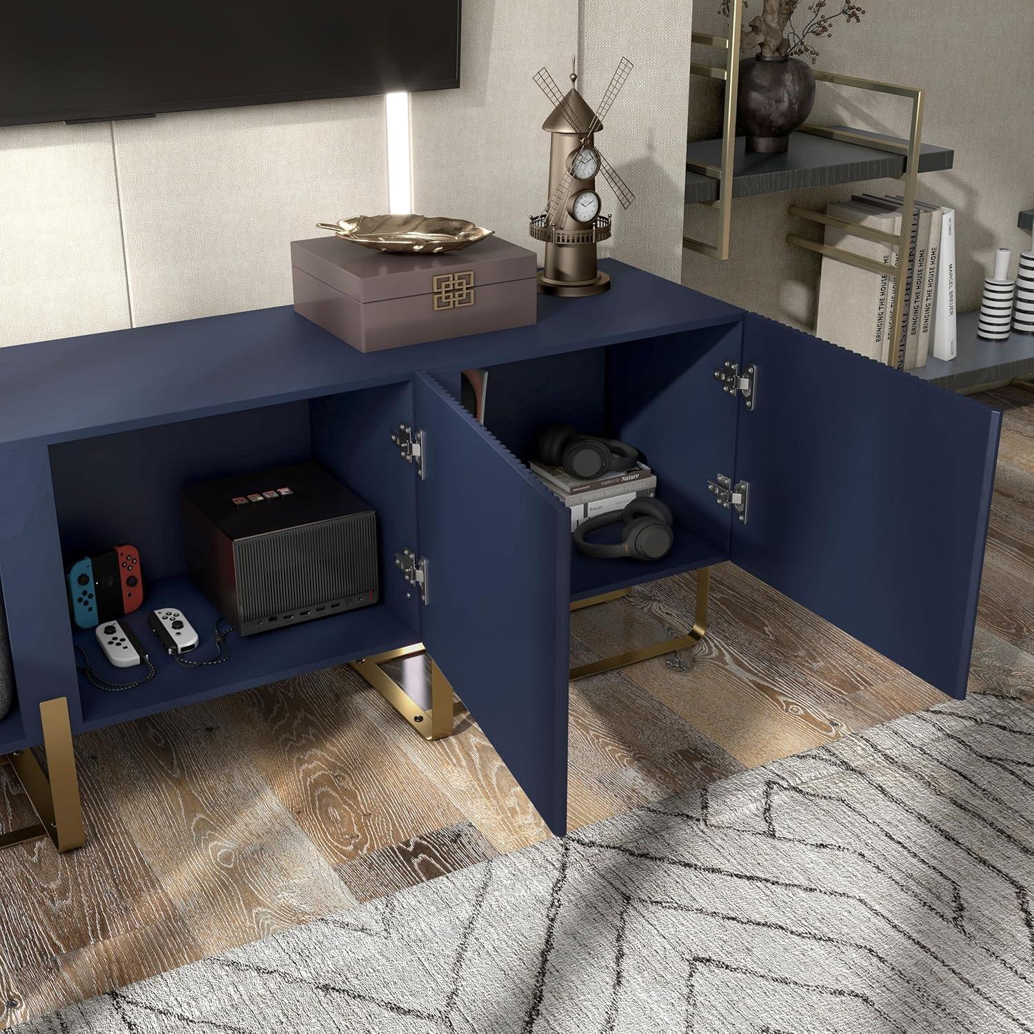 Denhour DH BASIC Modern 60-inch 3-Door Storage TV Stand by  Indigo Blue/Gold