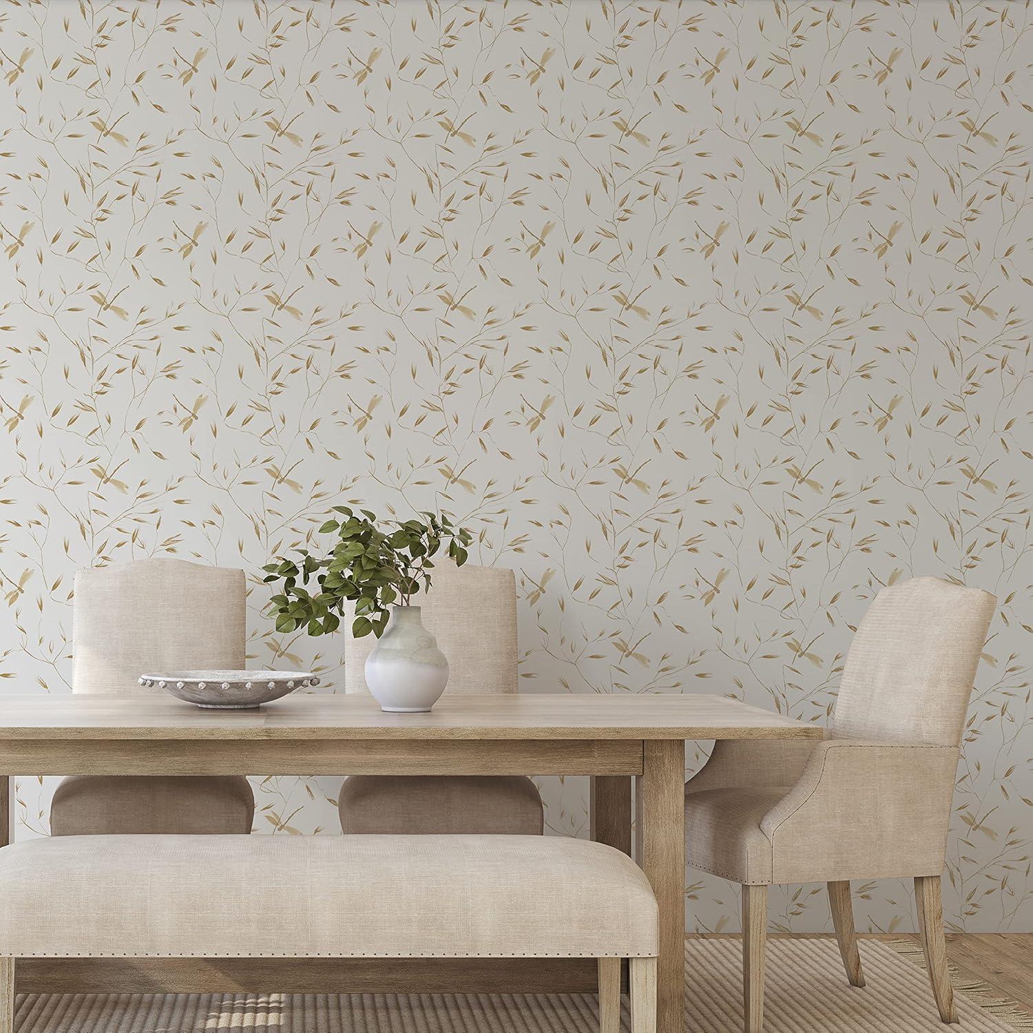 Tempaper & Co.® Dragonfly Removable Peel and Stick Wallpaper, Golden Ochre, 28 sq. ft.: Botanical Vinyl, Prepasted, Leaf Pattern