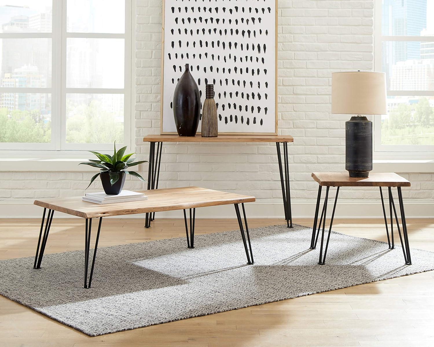 Natural Acacia Wood Rectangular Coffee Table with Black Metal Hairpin Legs