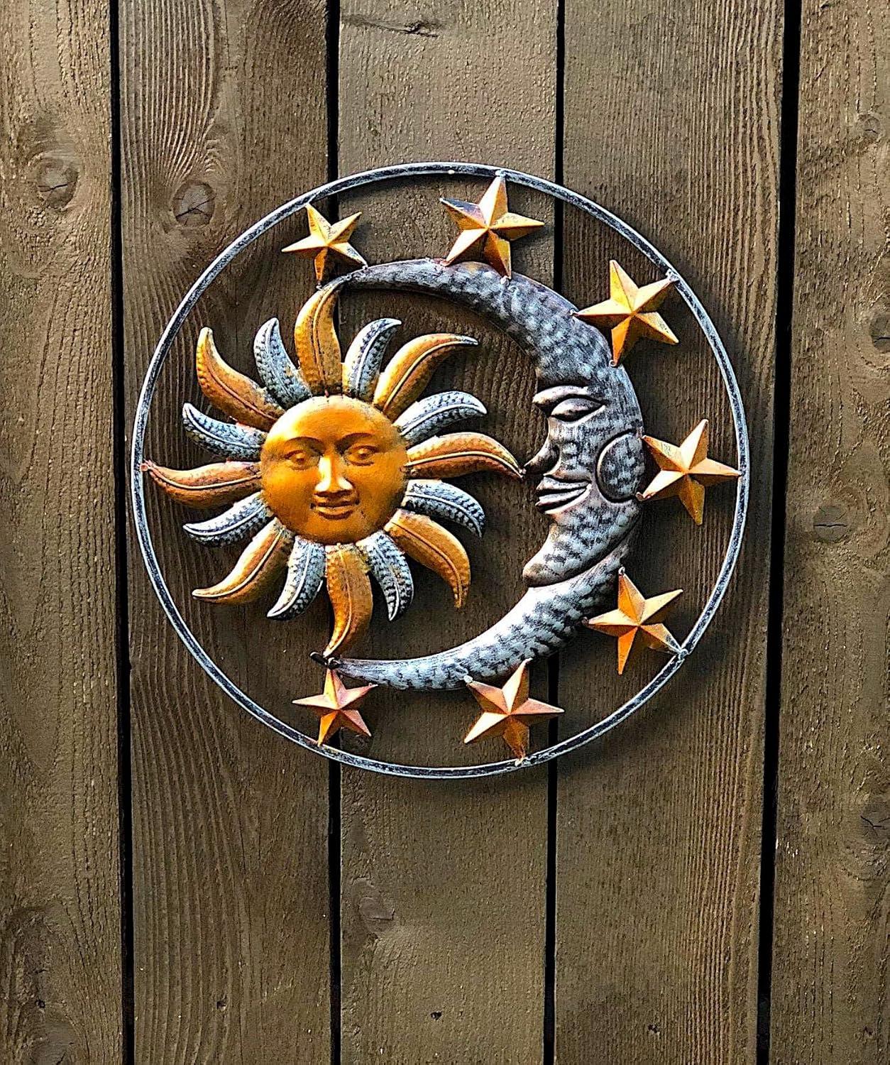 Large Metal Sun Moon Star Wall Art Sculpture Decor for Indoor Outdoor (17" Diameter)