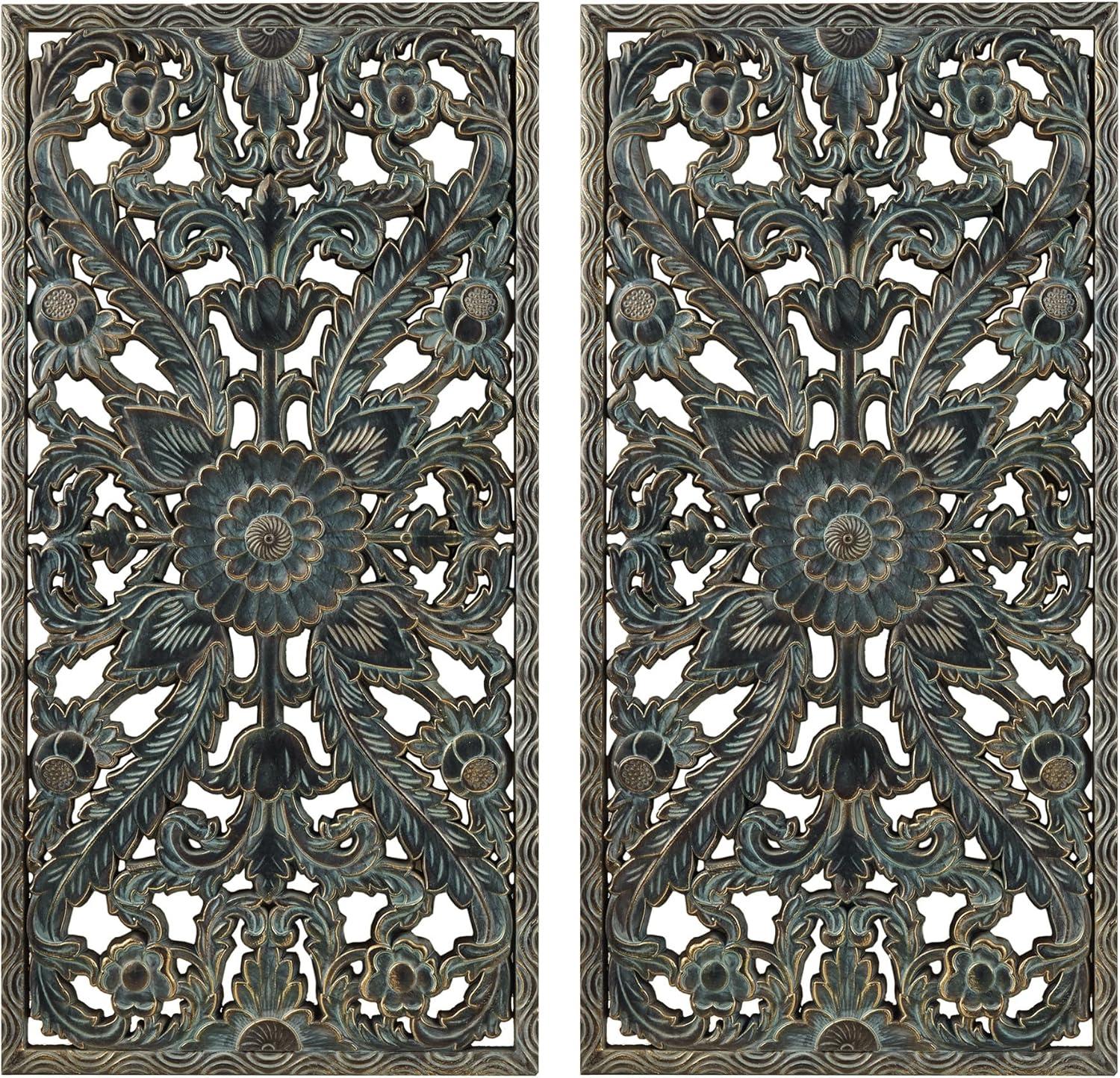 Madison Park MDF Botanical Panel Carved Wall Panel in Blue (Set of 2)