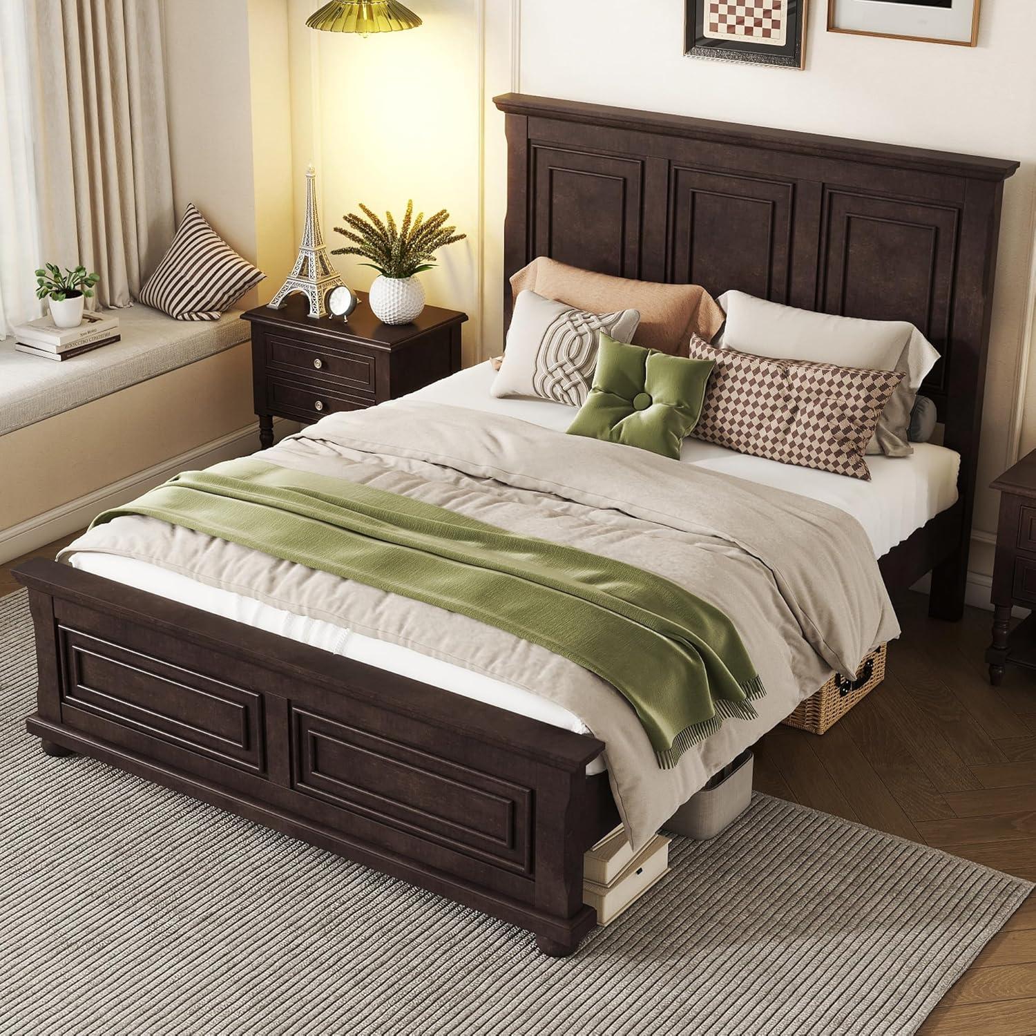 King Size Platform Bed with Tall Headboard & Footboard, Pinewood King Bed Frame with Wood Panel Bed Base, No Squeak, No Box Spring Needed, Traditional Style, Brown
