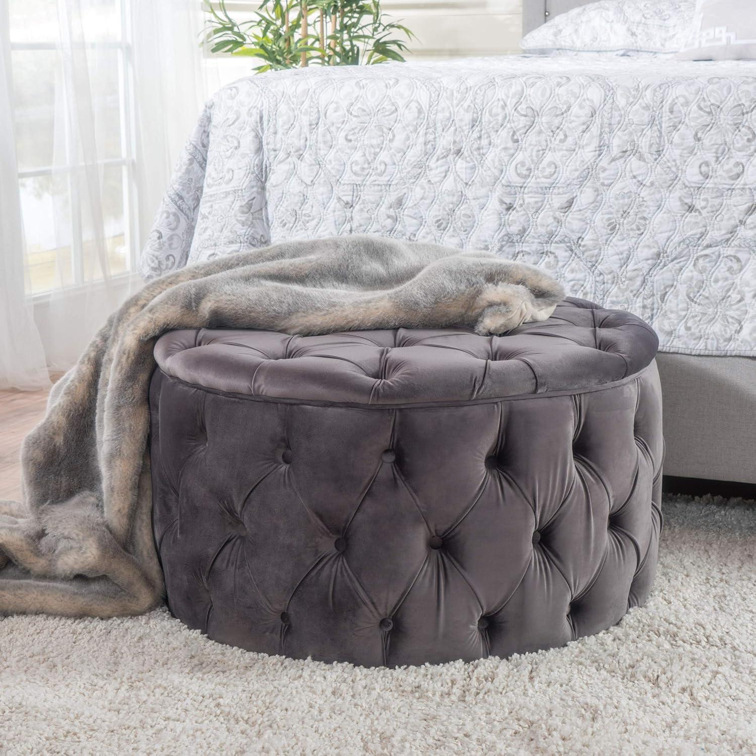 Gray Velvet Tufted Round Ottoman with Button Detailing