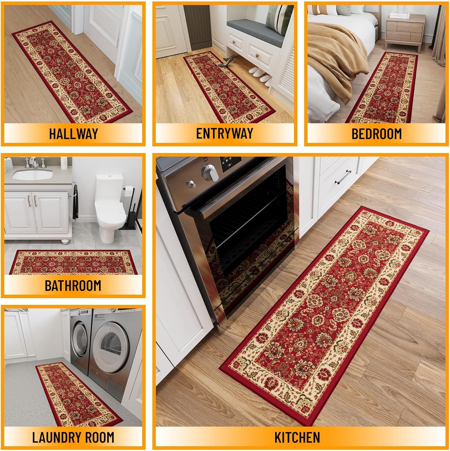 Ottohome Non-Slip Medallion Oriental Area Rug For Living Room, Hallway, Entryway Rug, Dark Red