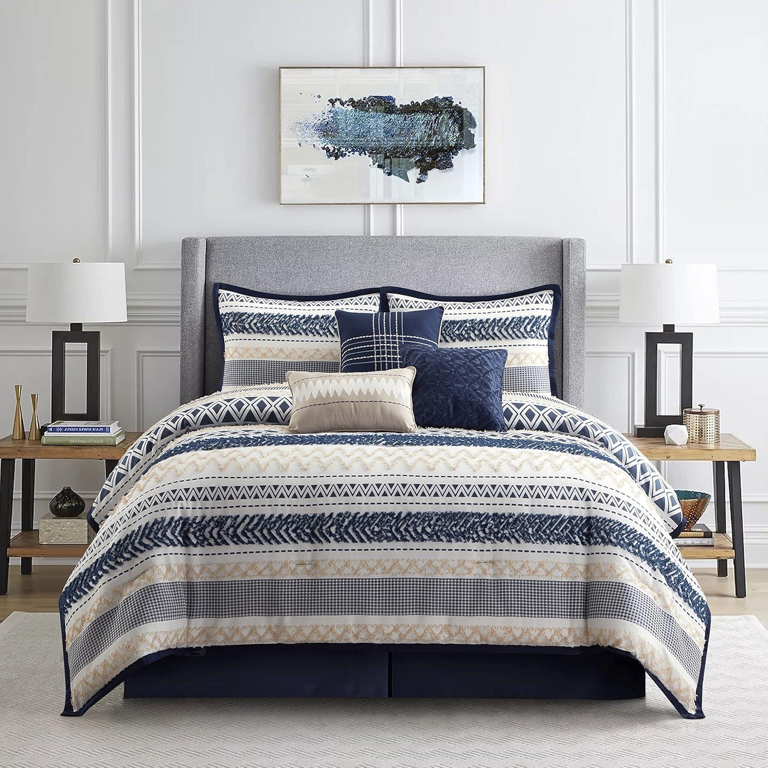 Navy Geometric Jacquard Queen Comforter Set with Decorative Pillows