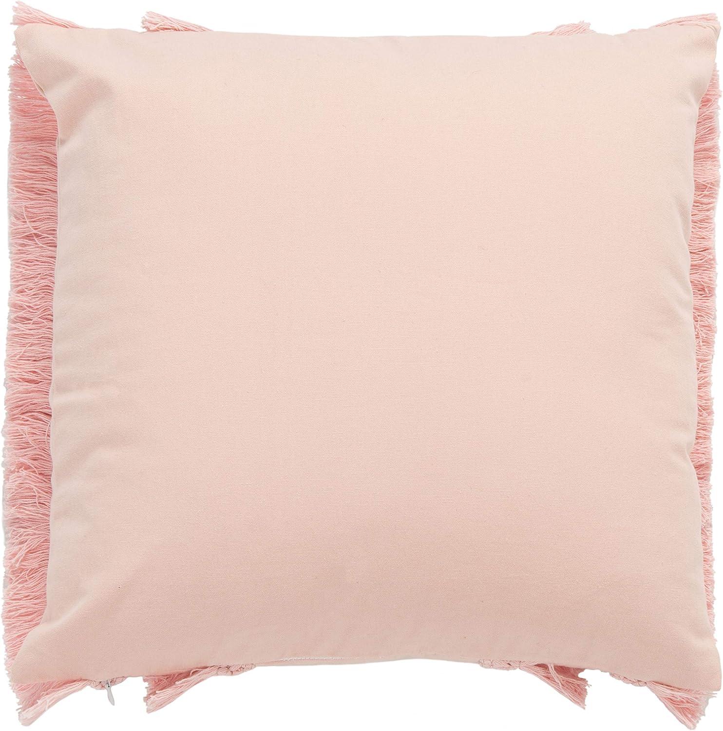 Pink Cotton Square Bohemian Accent Pillow with Frayed Edges