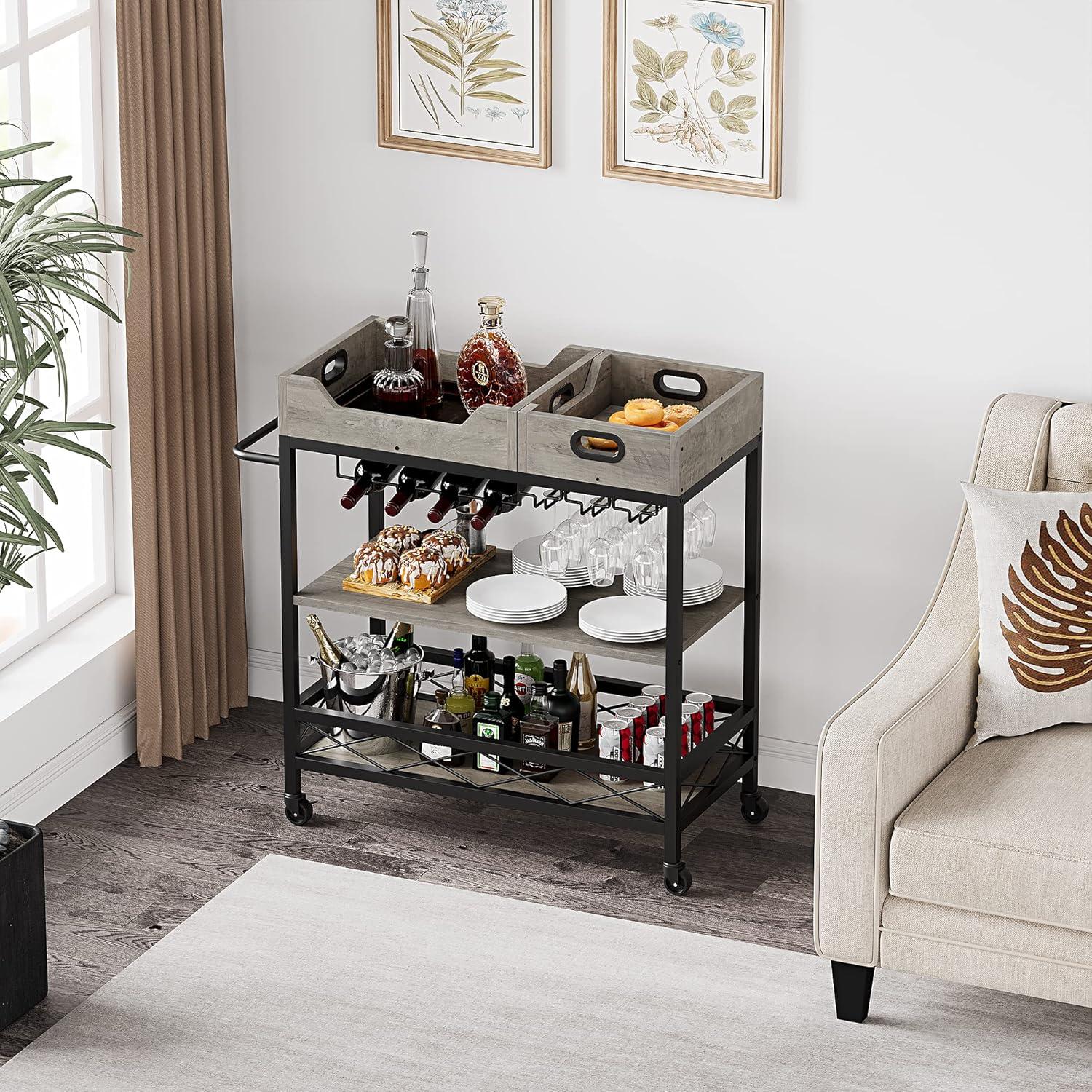 Grey MDF and Metal 3-Tier Bar Cart with Wine Rack