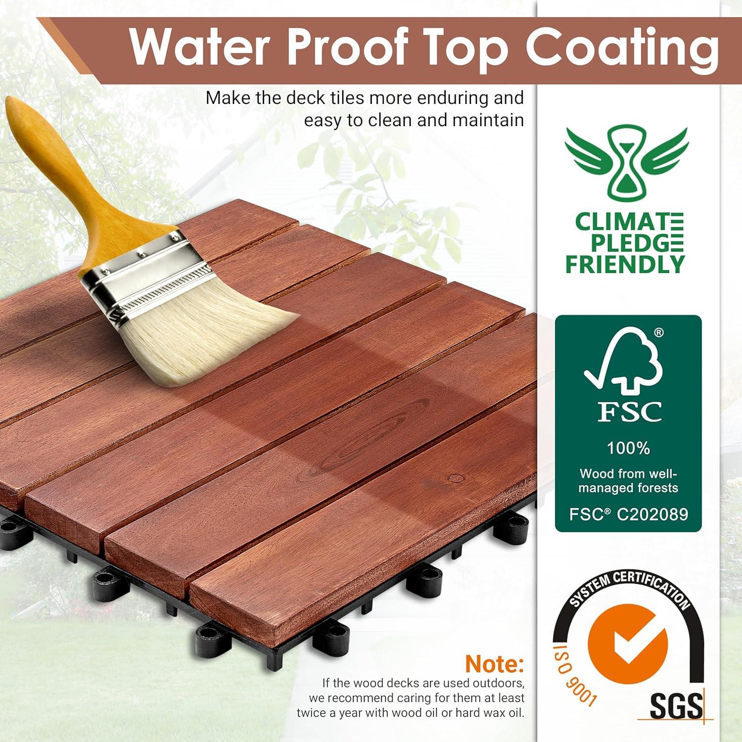 Natural Acacia Wood Interlocking Deck Tiles with Water Protection, 27 Pack