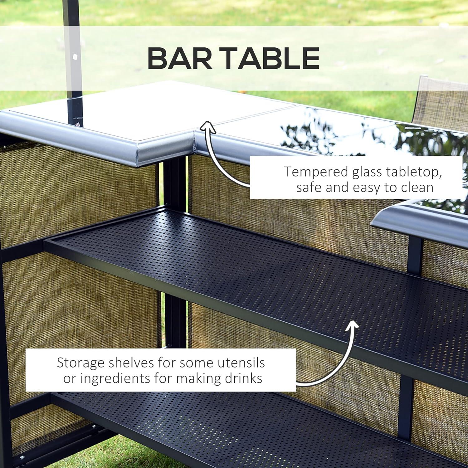 Outsunny 3 Piece Outdoor Bar Set for 2 with Canopy, Rectangular Table with Storage Shelves & Two Bar Chairs, Breathable Mesh