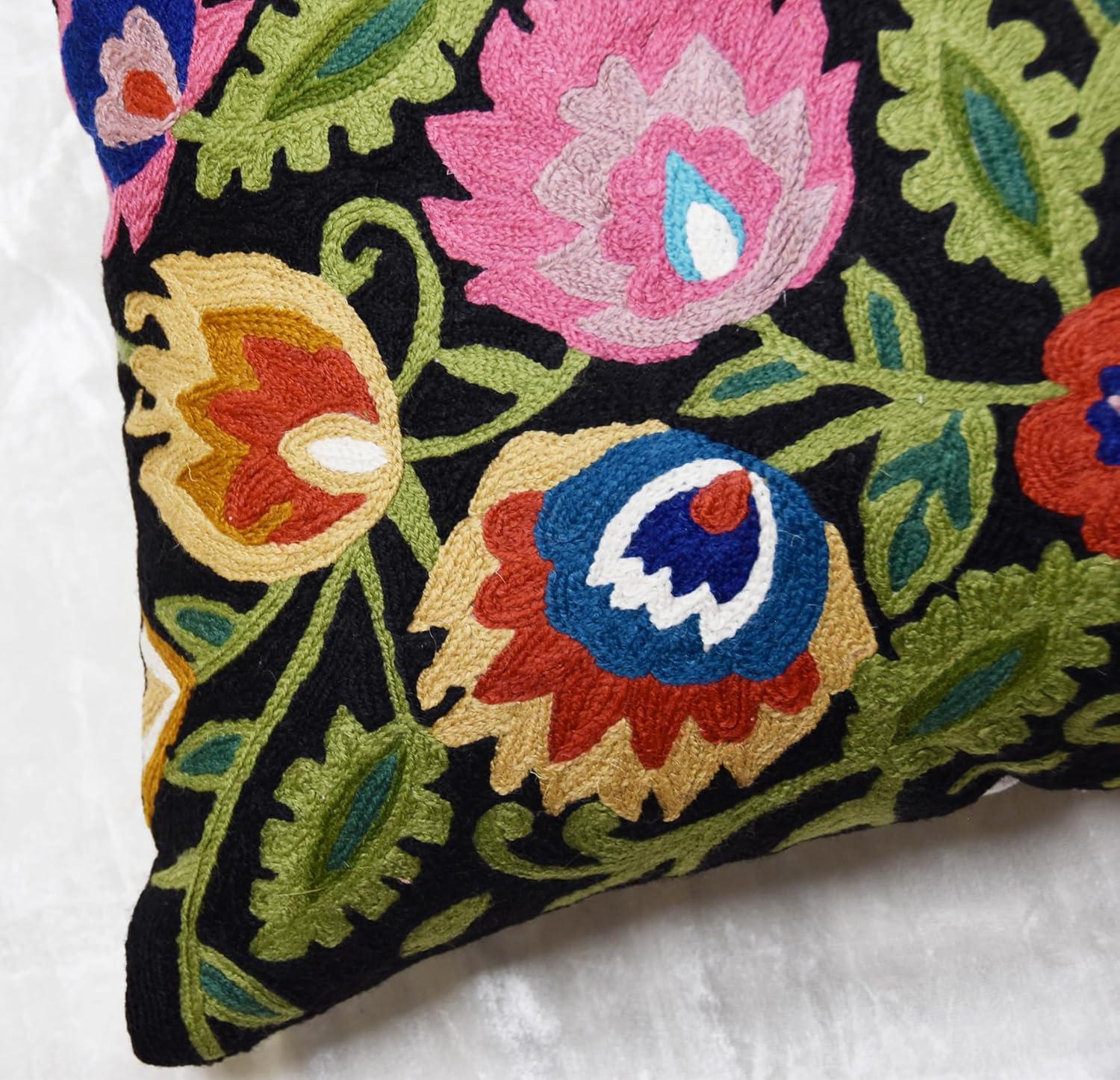 Modern Cream Decorative Floral Pillow Cover Needlepoint White Flower Hand Embroidered Pillowcase Flowery Outdoor Suzani Accent Cushion Boho Chair Modern Chair Pillowsham Wool Size 18x18