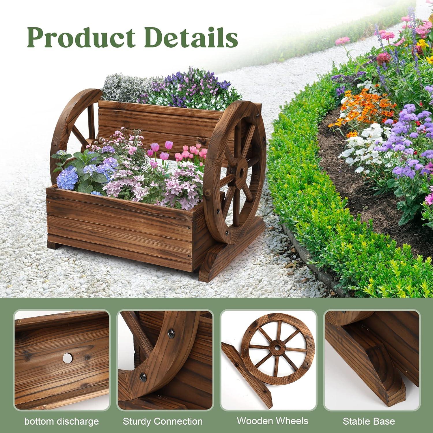 Farmhouse Décor Wooden Wagon Planter Box Outdoor 2-Tier Planter Courtyards Balconies Patios Weather-Resistant Easy Assembly & Garden Décor