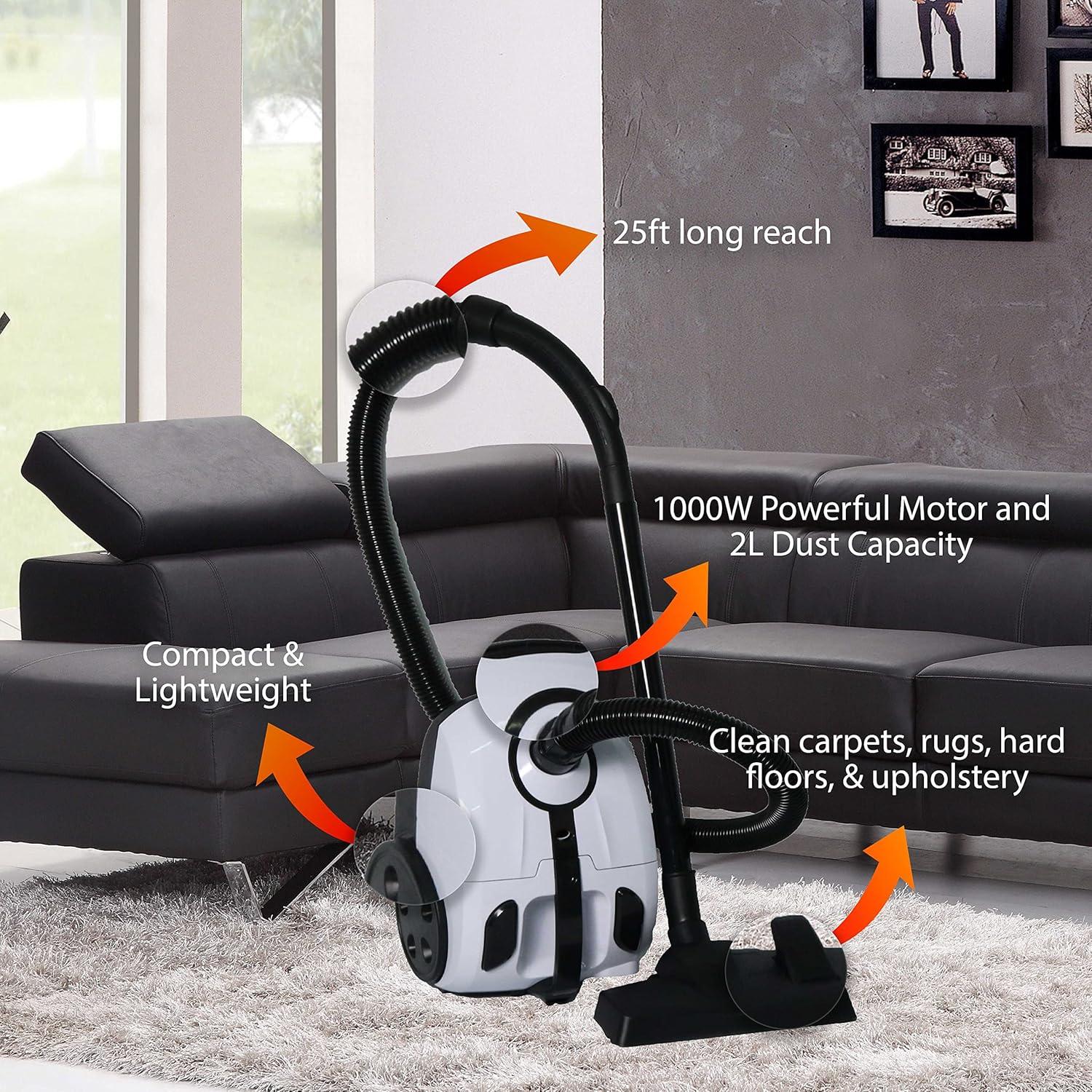 Impecca Lightweight Bagged Canister Vacuum Cleaner for Carpets, Rugs, Hard Floors, Upholstery, etc W/Powerful 1000W Motor, 2L Dust Capacity, Includes 6 Cleaning Tools + 3 Bags - White