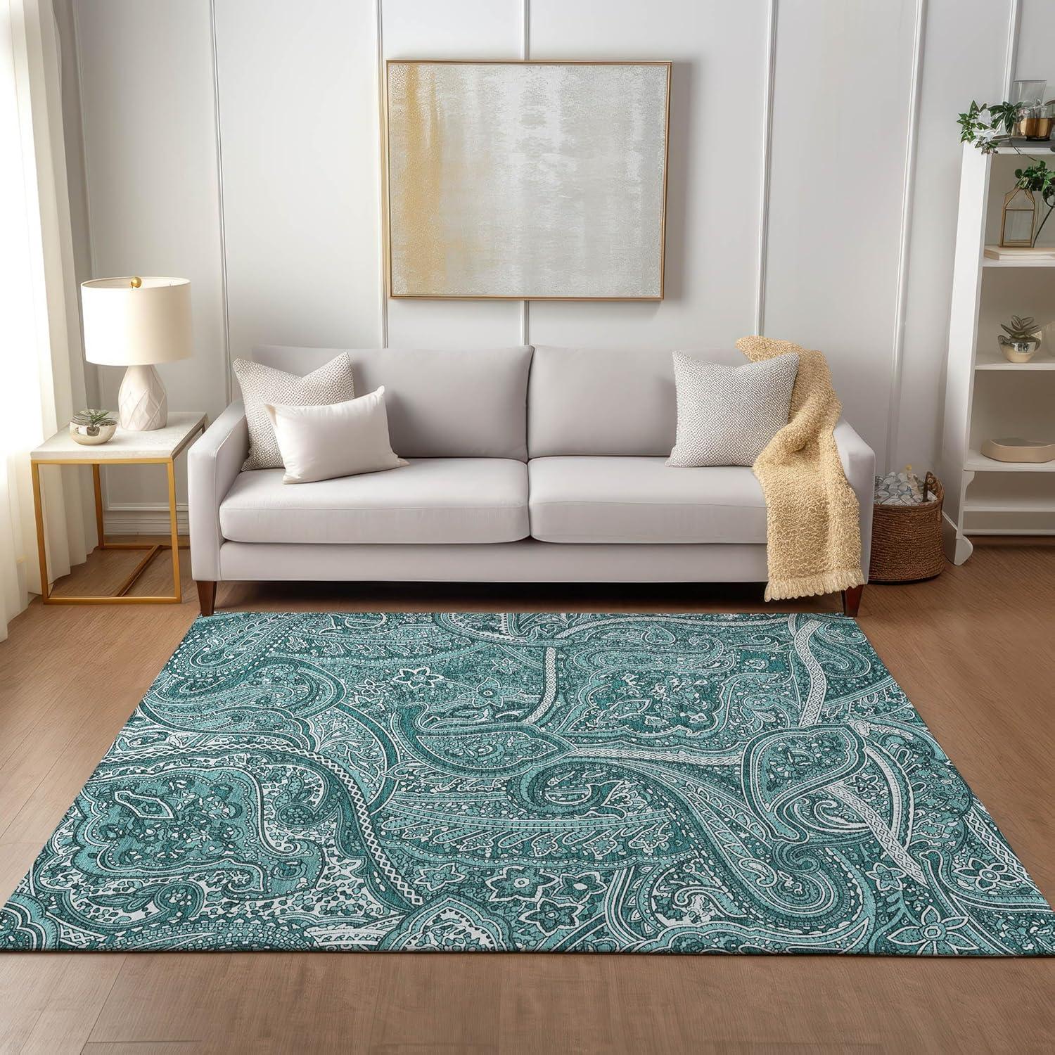 Teal Paisley 8' x 10' Machine Washable Indoor Outdoor Rug