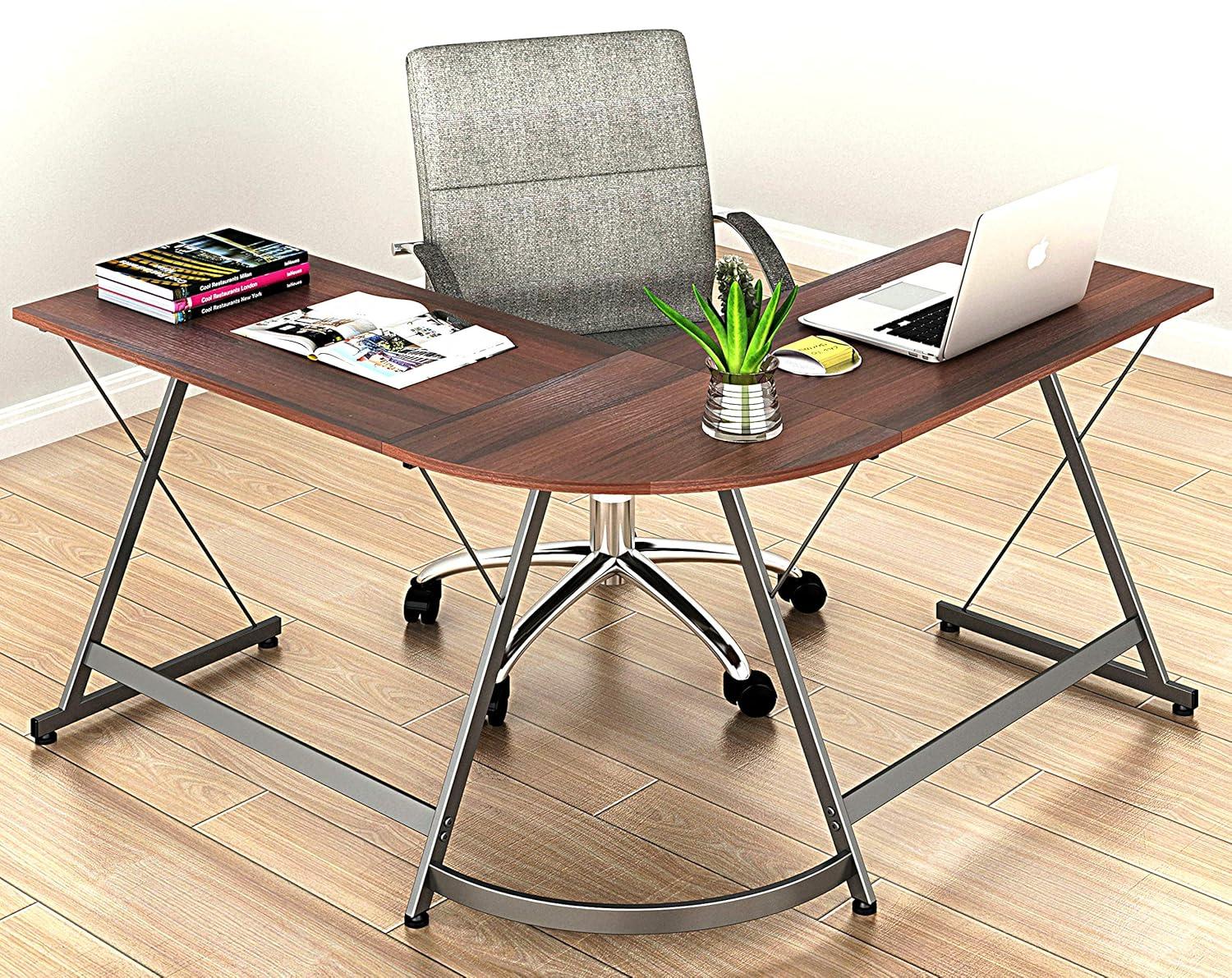 shw l-shaped home office corner adjustable desk wood top, espresso